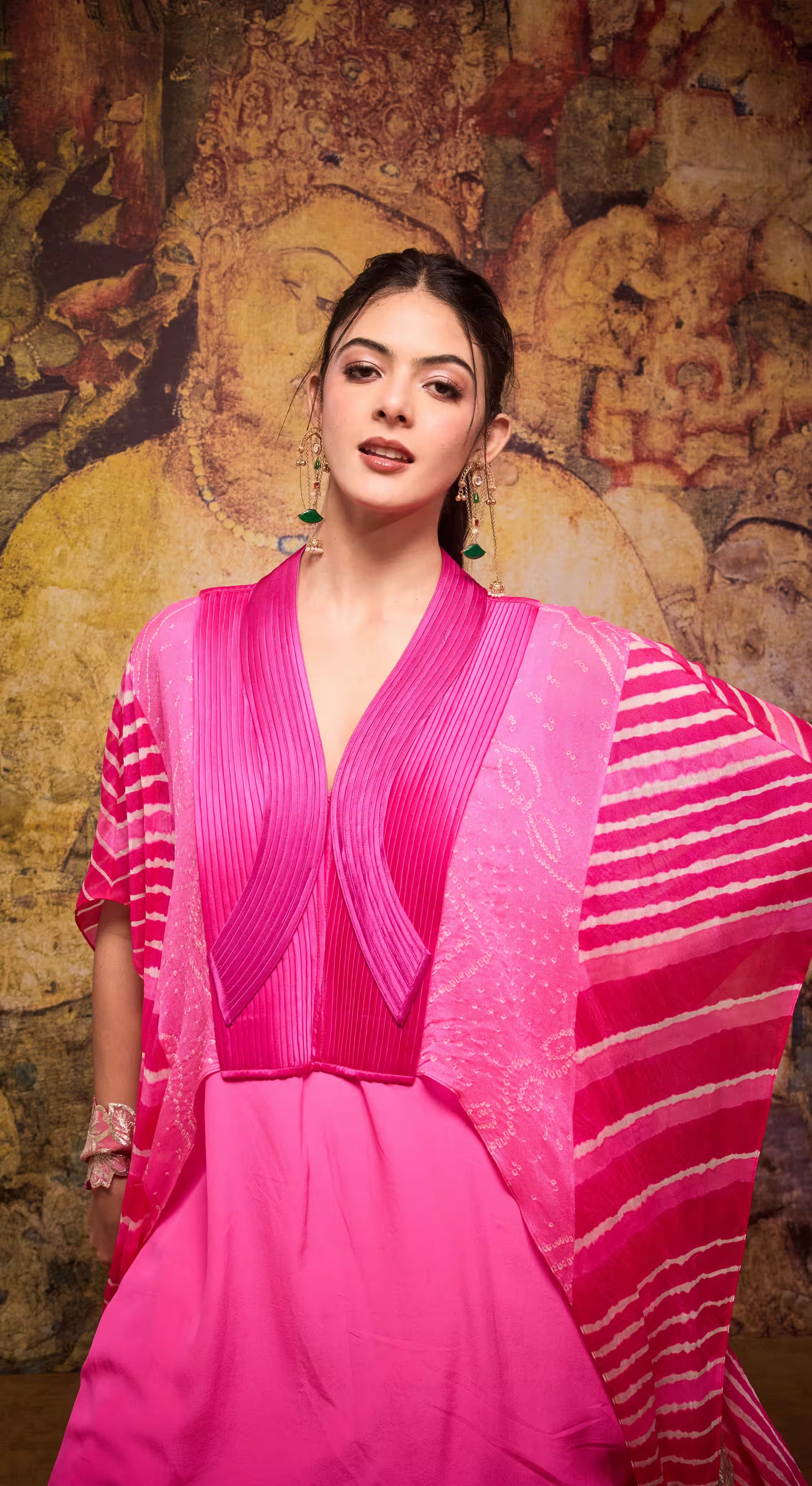 Fuchsia Bandhani Cape Tunic Set