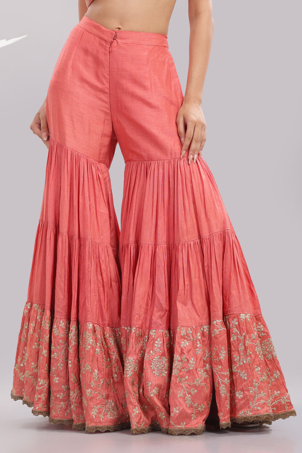 Coral Gold-Embroidered Palazzo Set
