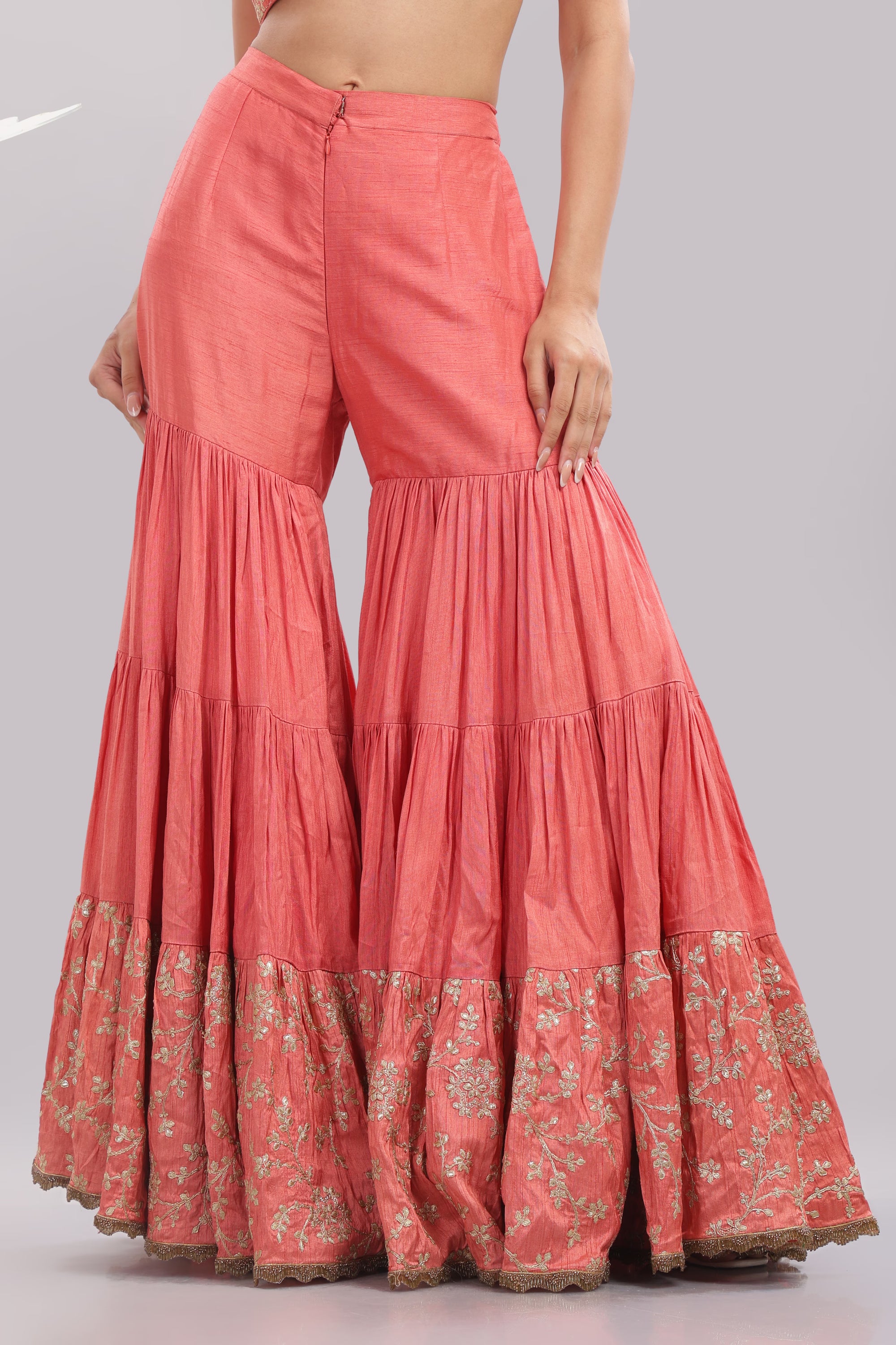 Coral Gold-Embroidered Palazzo Set