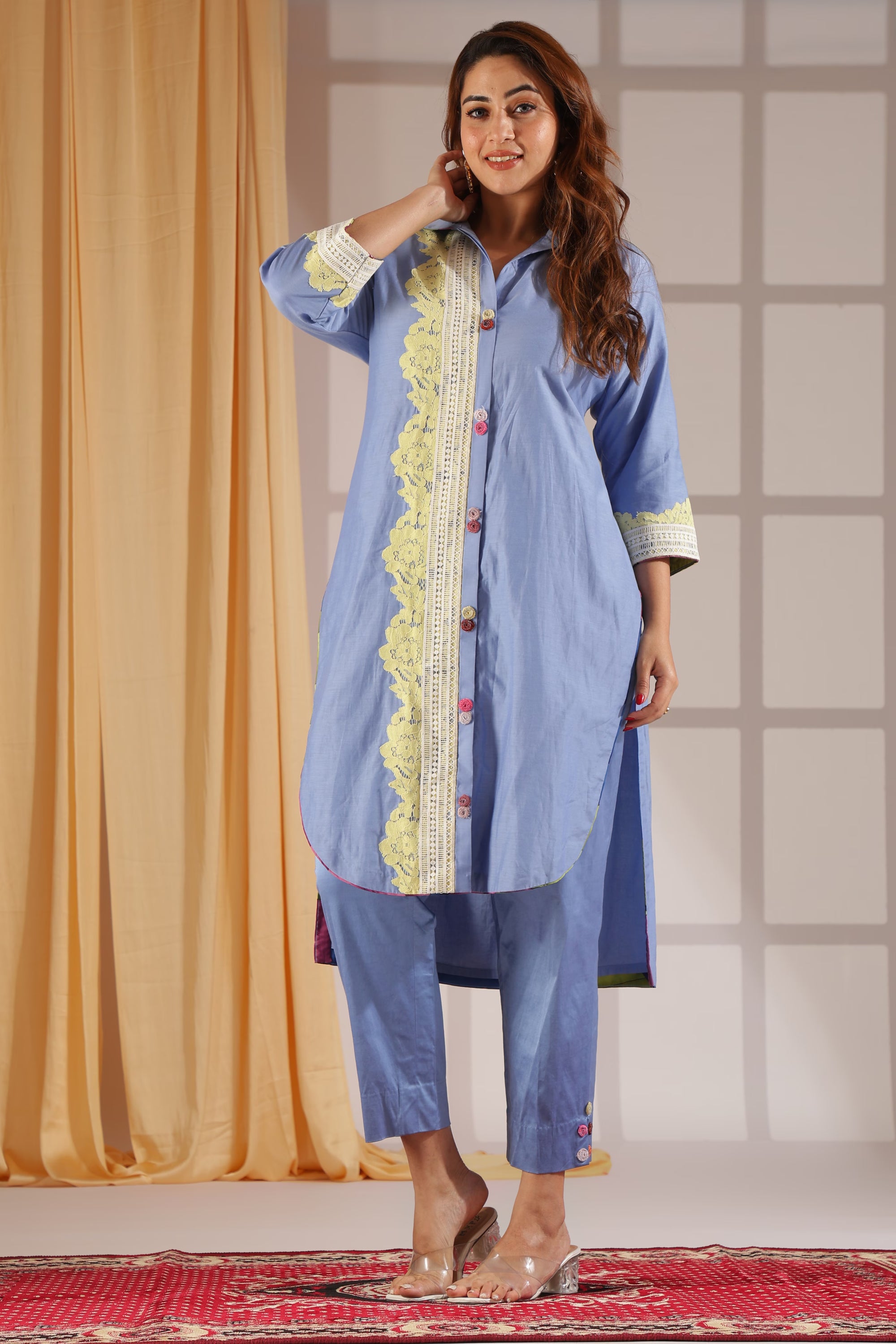 Countryside Embroidery Sky-Blue Tunic Ensemble