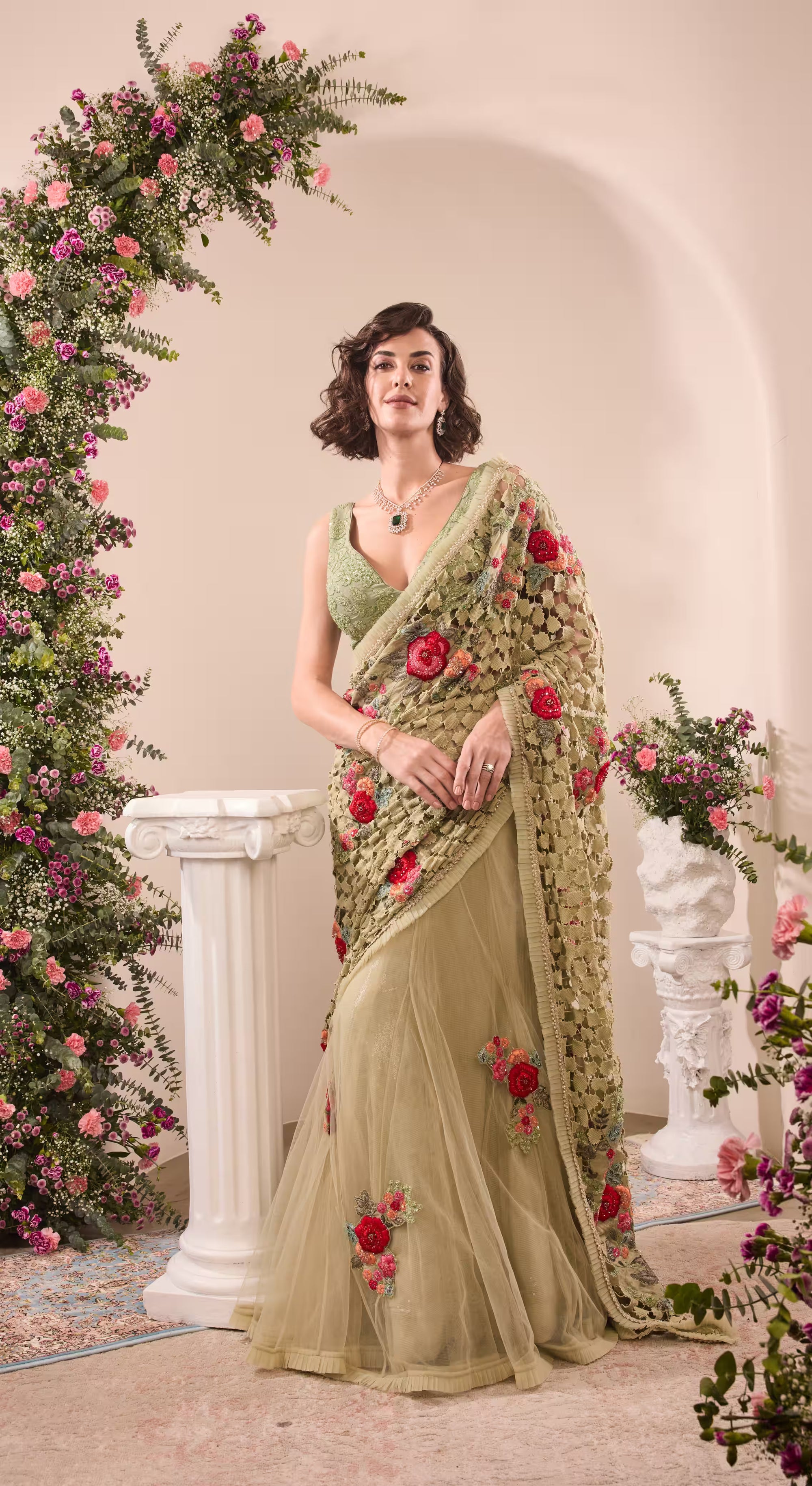 Sage Green Embroidered Net Saree with Rose Motifs
