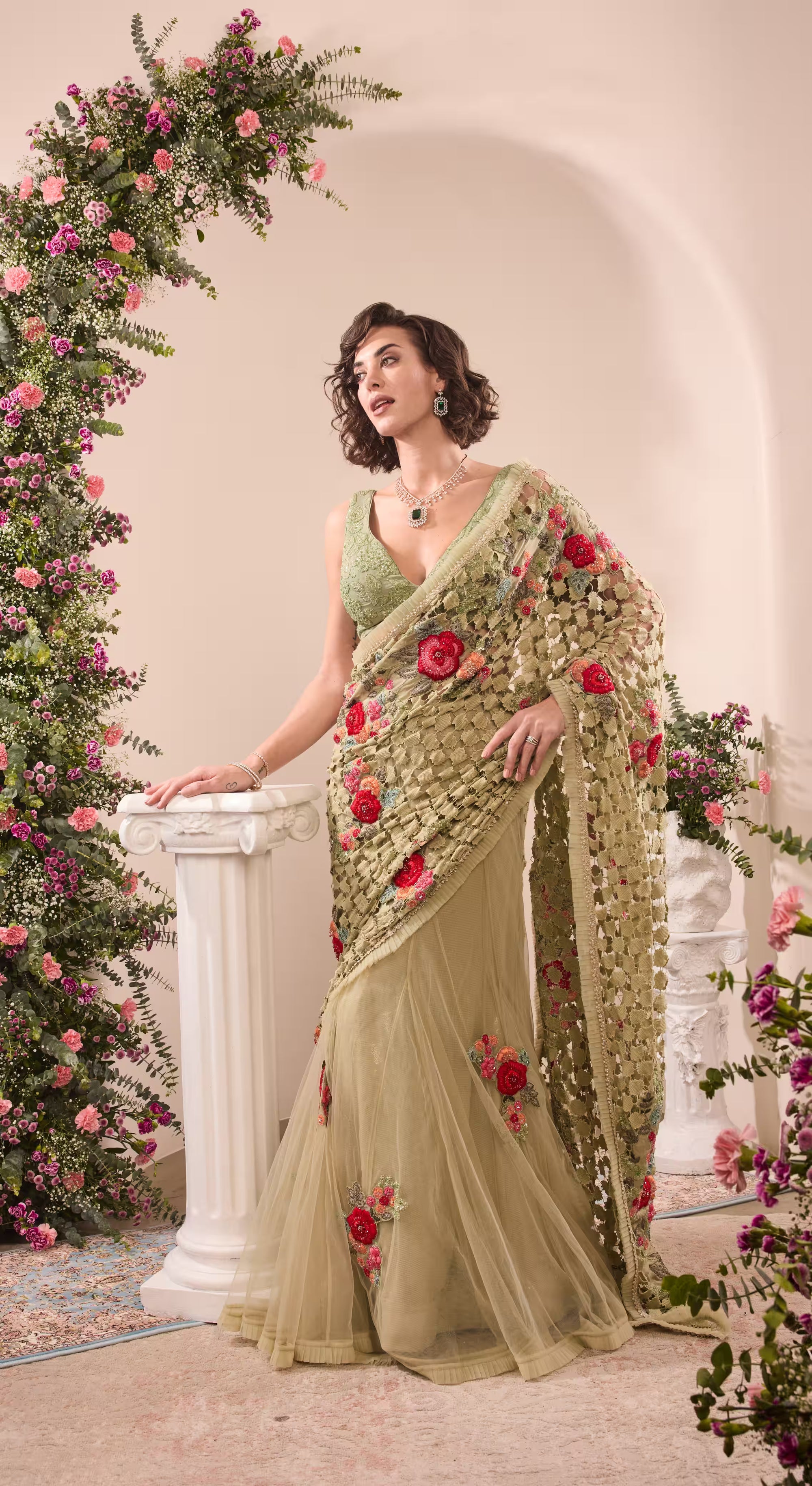 Sage Green Embroidered Net Saree with Rose Motifs