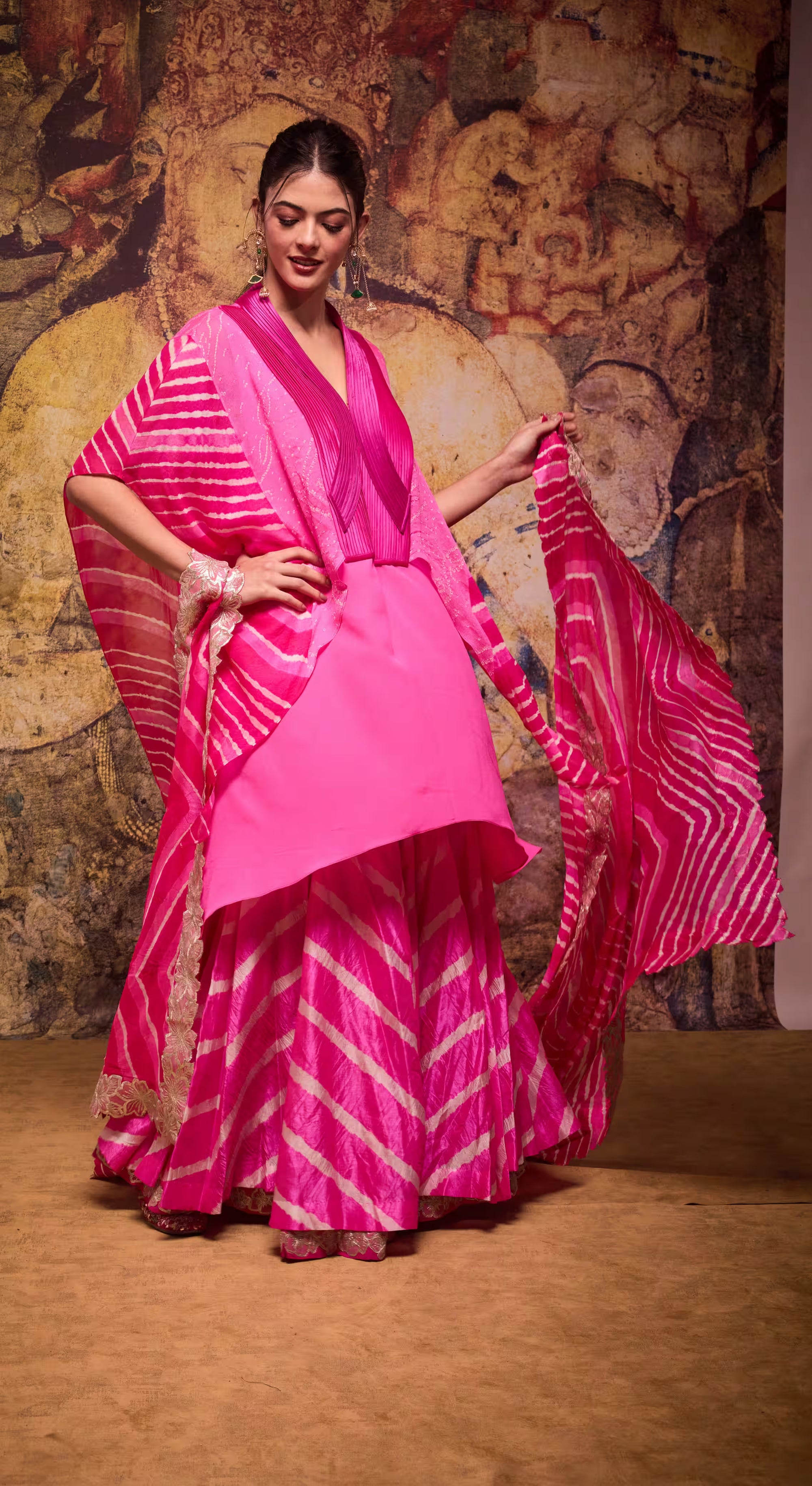 Fuchsia Bandhani Cape Tunic Set