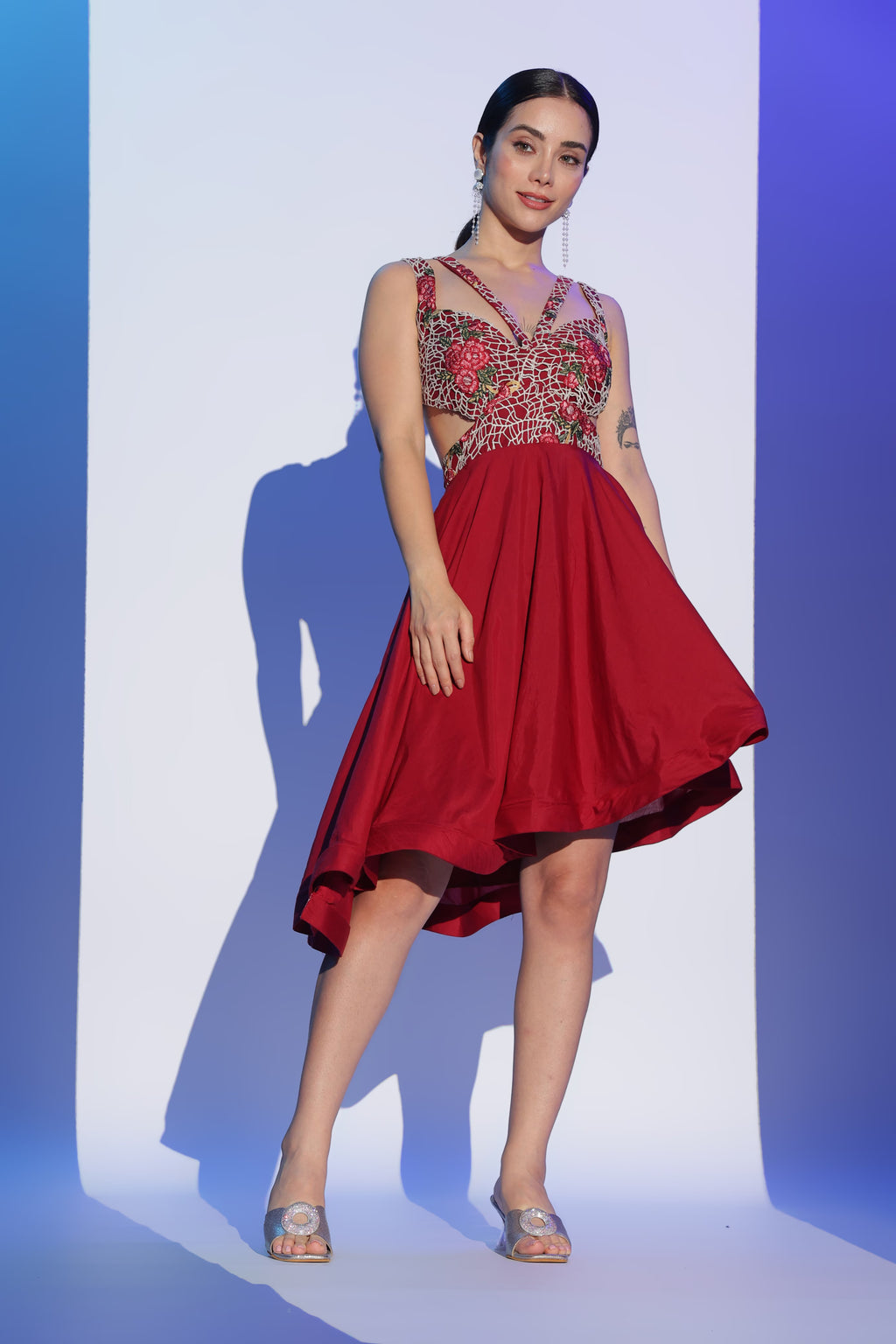 Red Embroidered Cut-out Dress