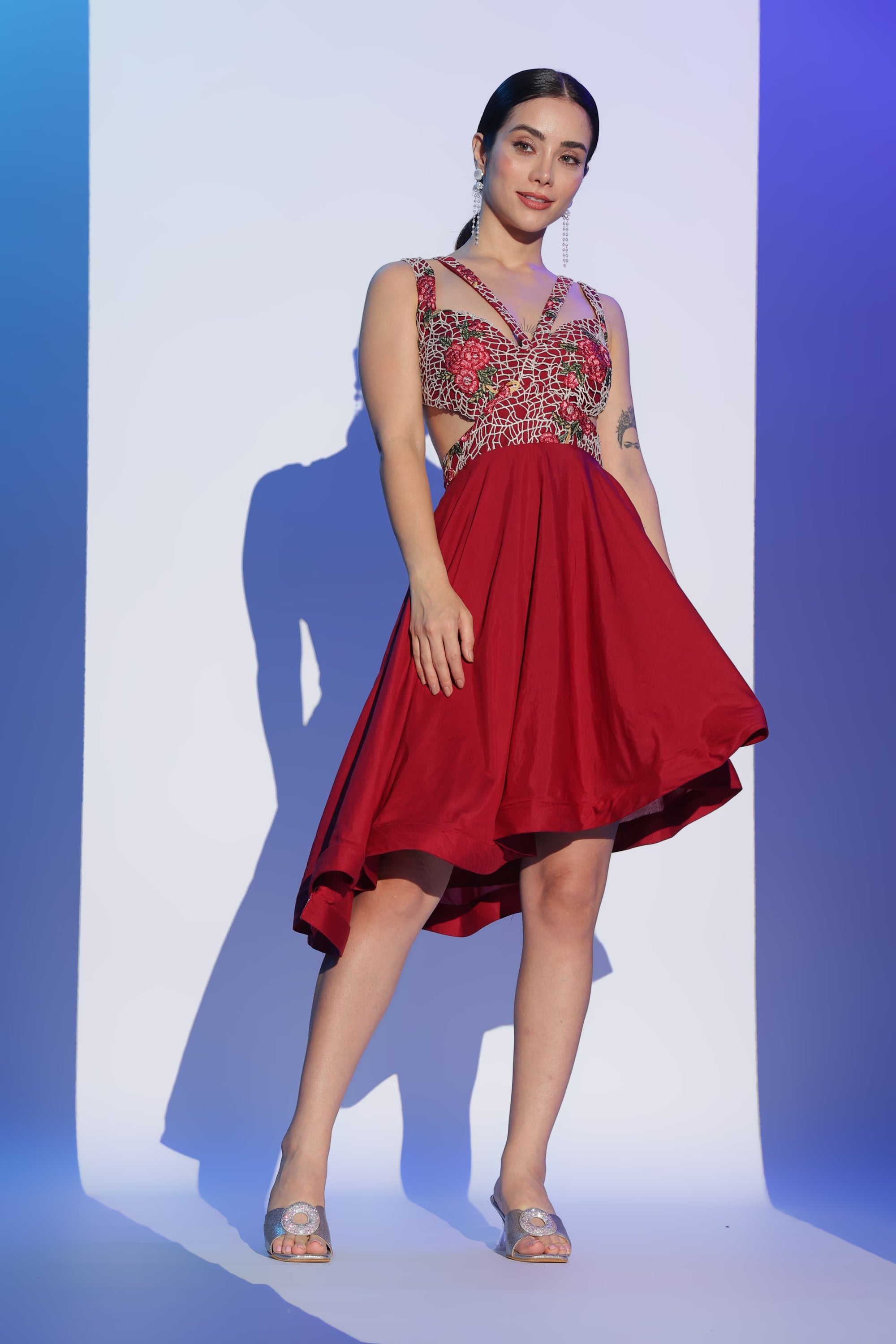 Red Embroidered Cut-out Dress