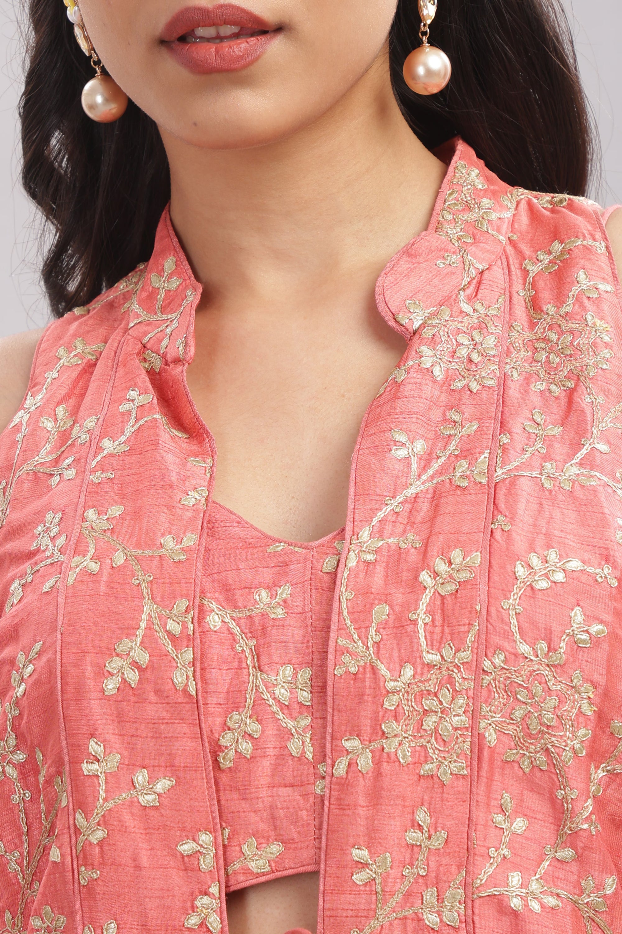 Coral Gold-Embroidered Palazzo Set