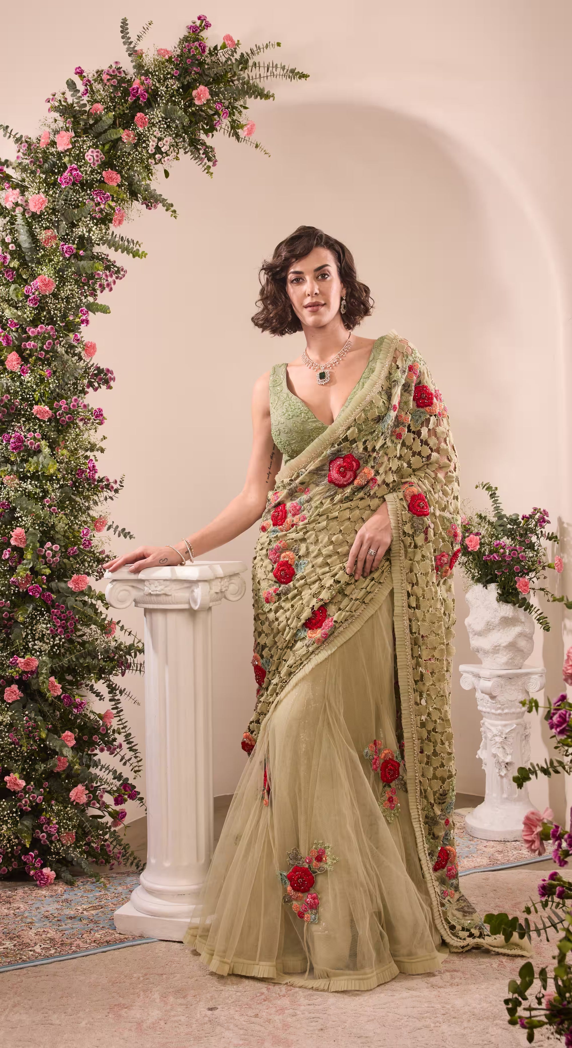 Sage Green Embroidered Net Saree with Rose Motifs