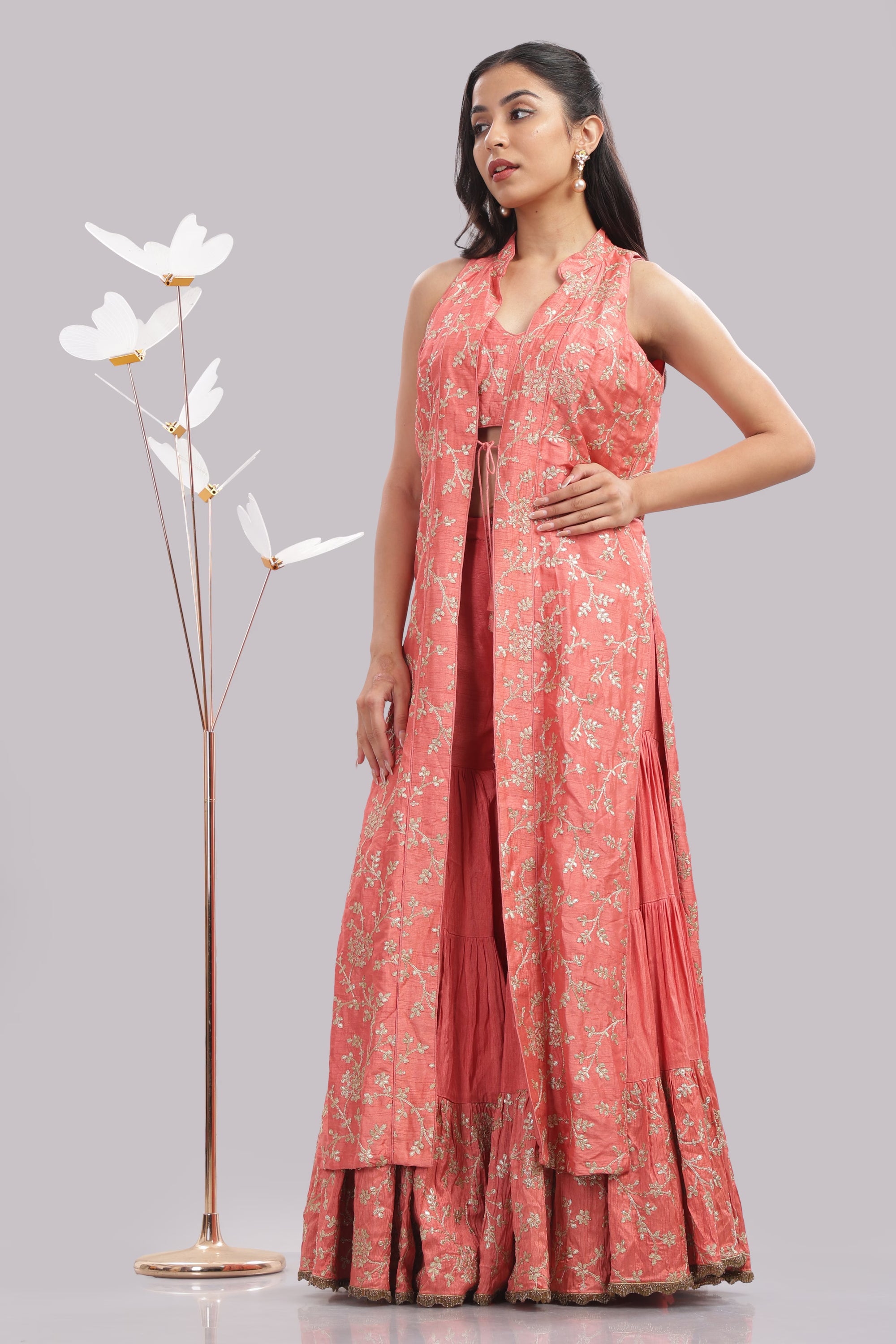 Coral Gold-Embroidered Palazzo Set