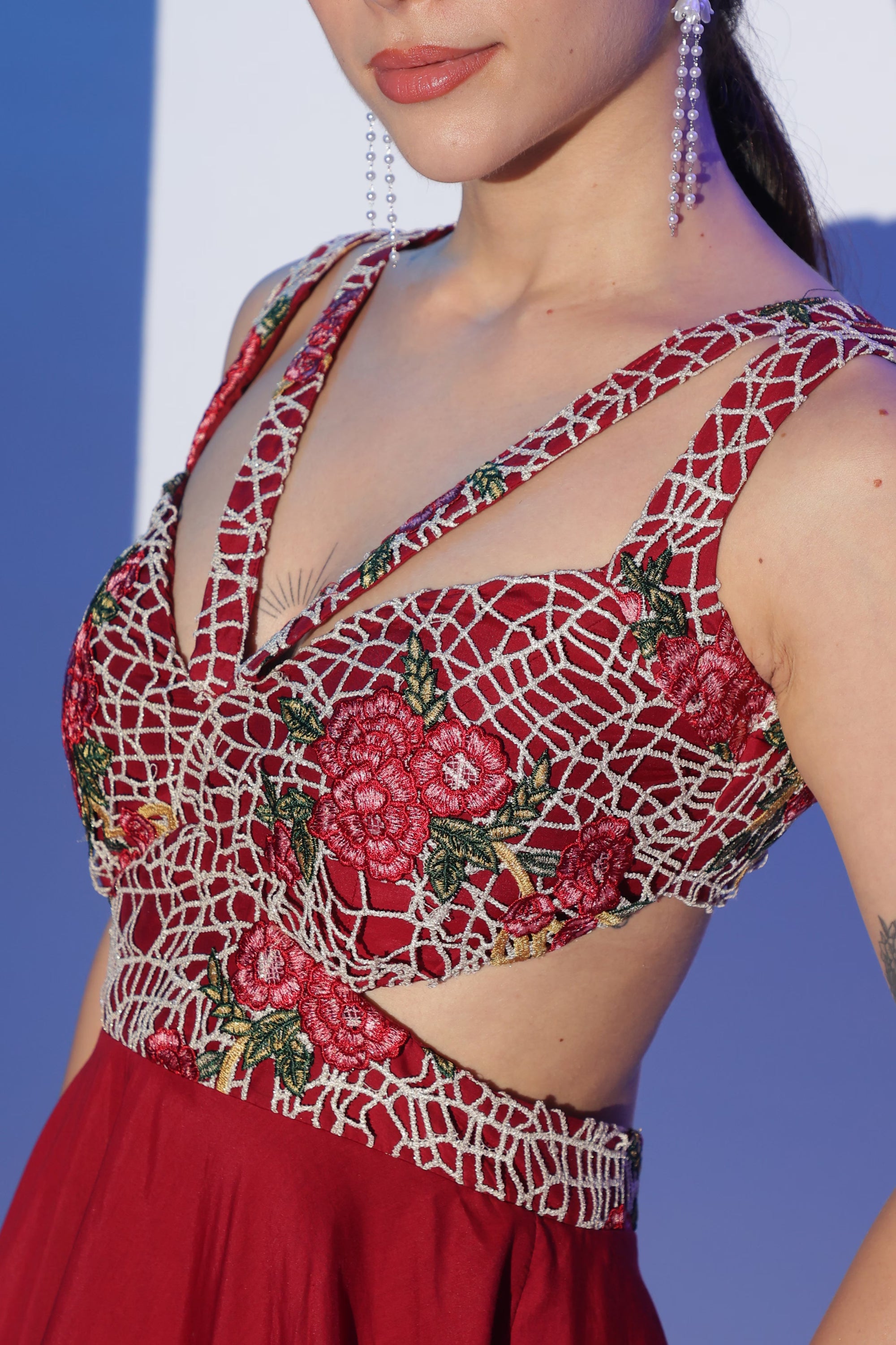 Red Embroidered Cut-out Dress