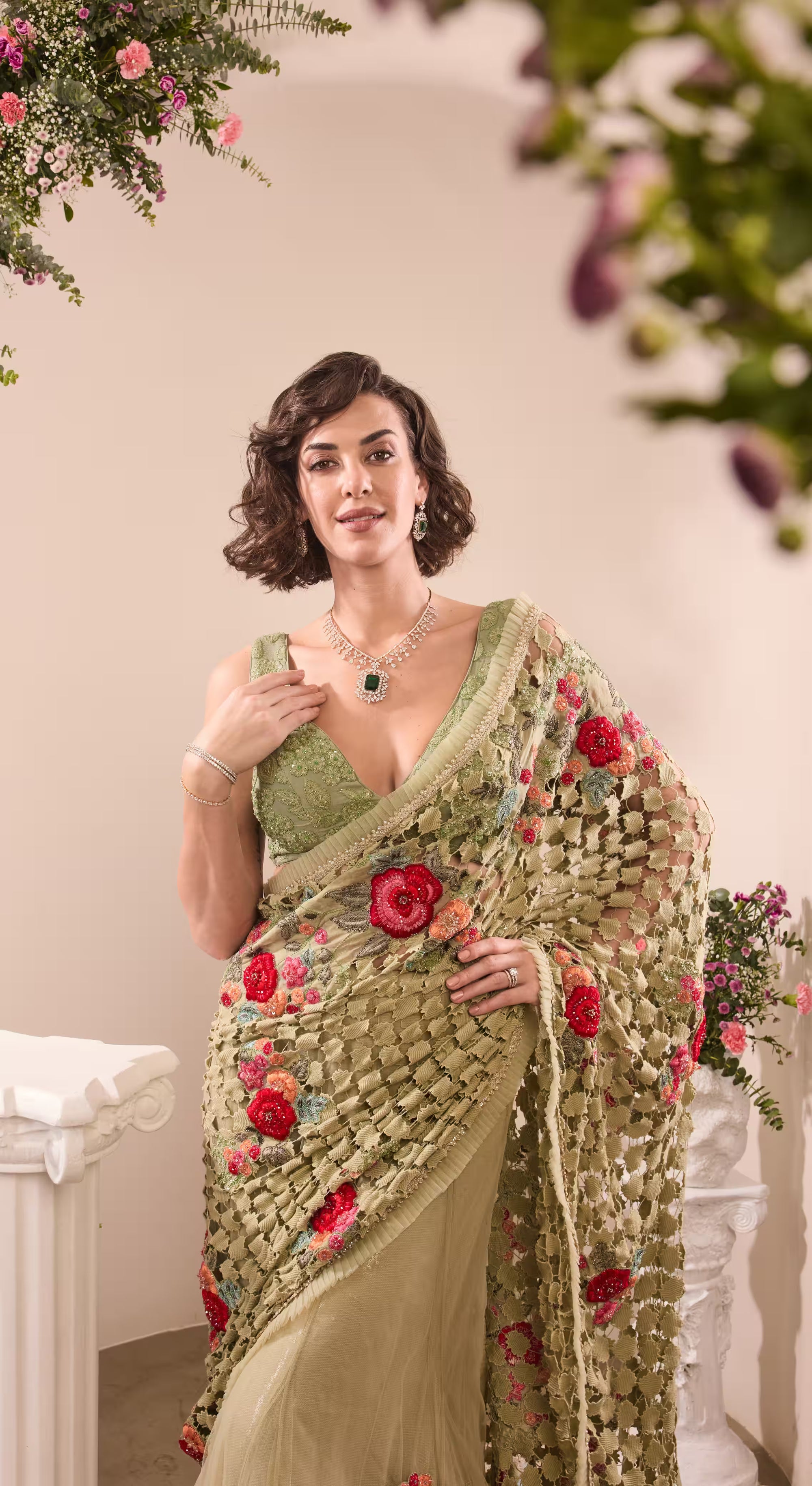 Sage Green Embroidered Net Saree with Rose Motifs