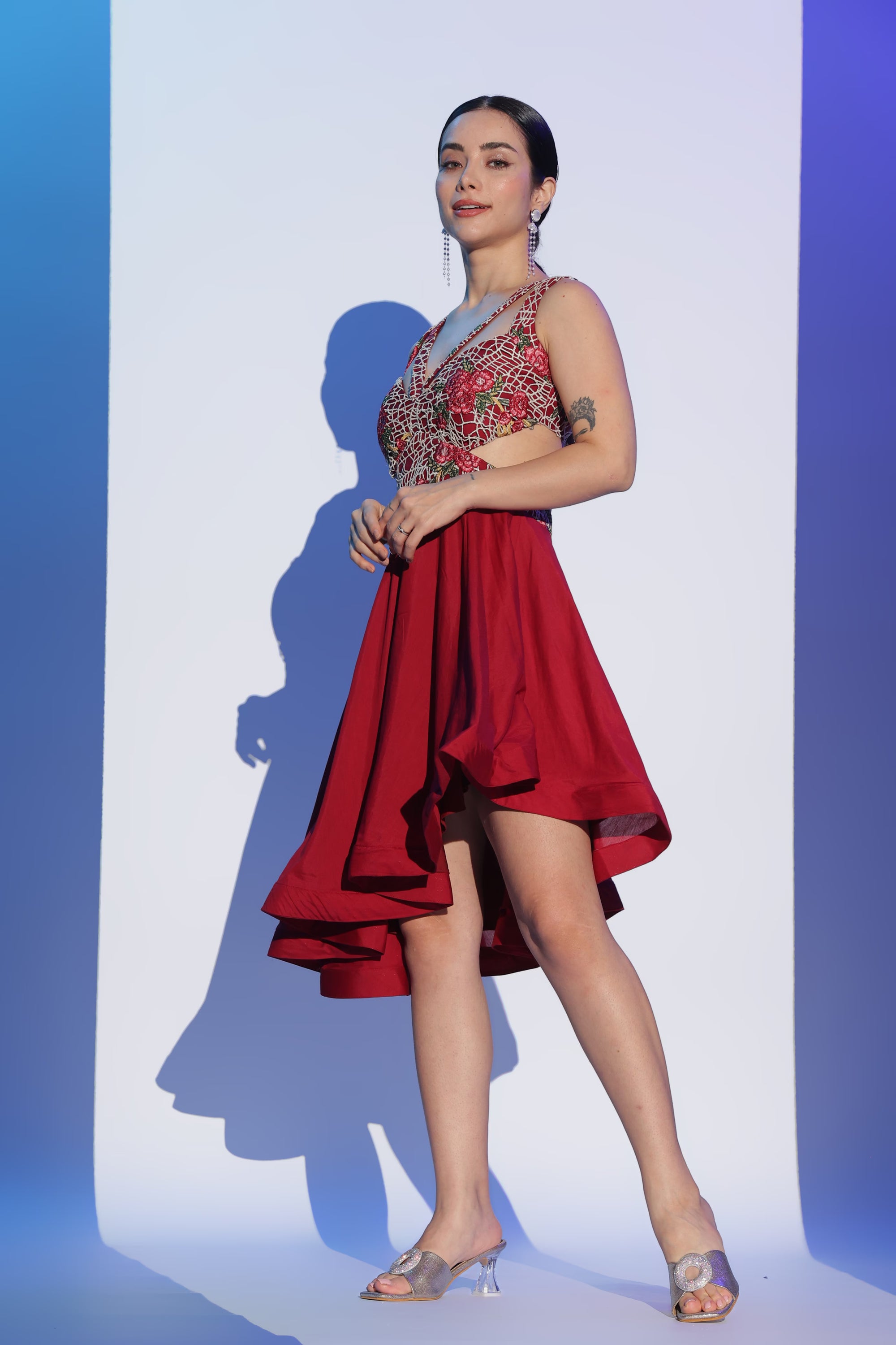 Red Embroidered Cut-out Dress