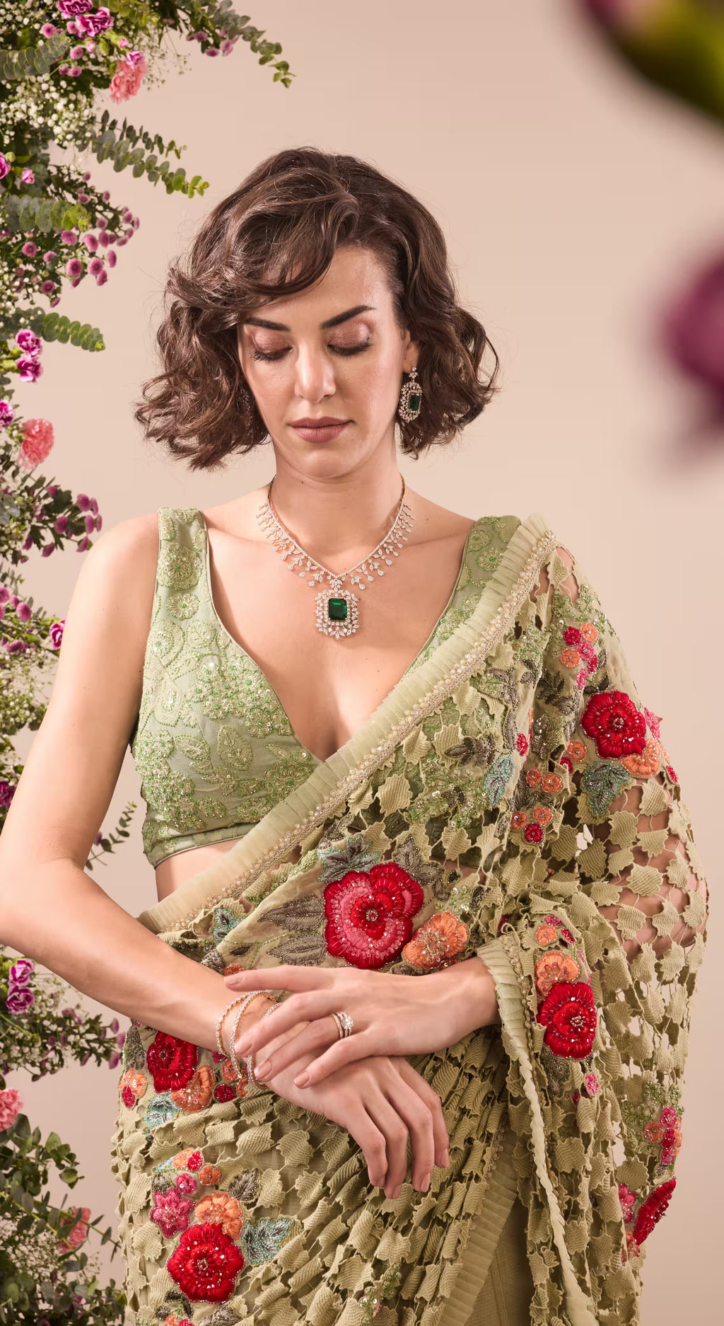 Sage Green Embroidered Net Saree with Rose Motifs