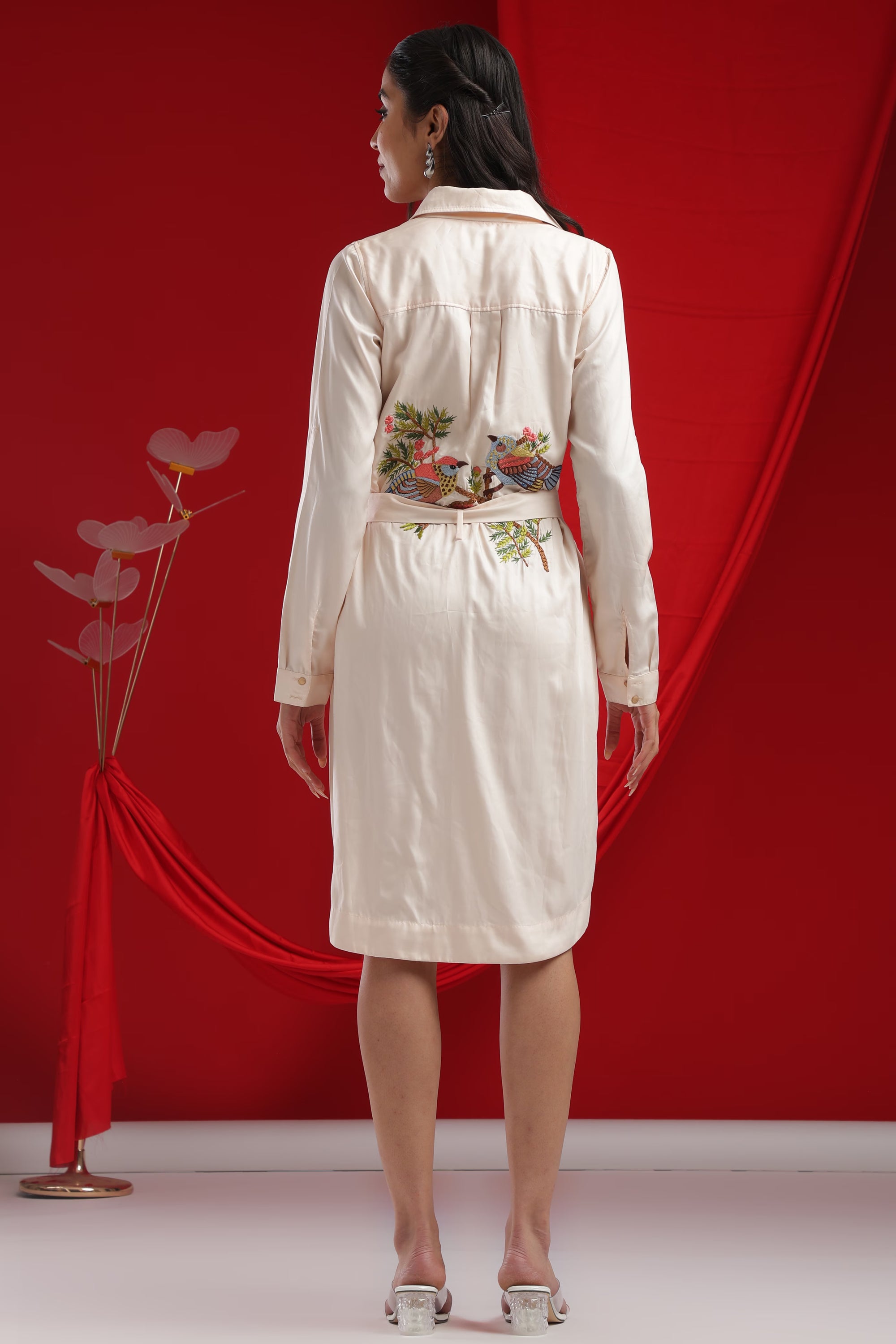 Cream Embroidered Bird Poetry shirt-Dress