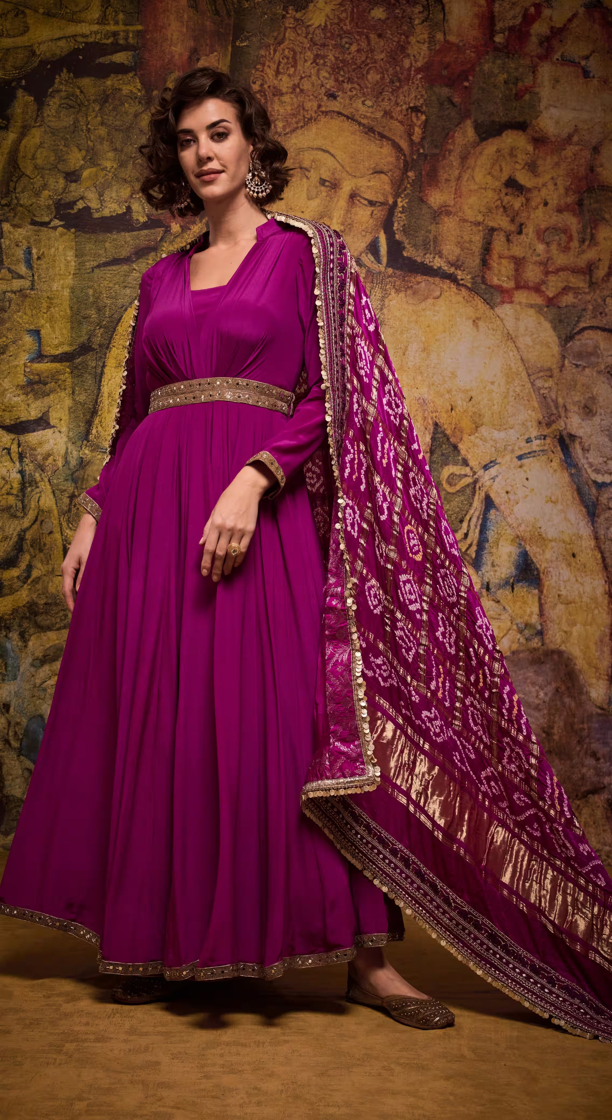 Magenta Bandhej Silk Anarkali Gown