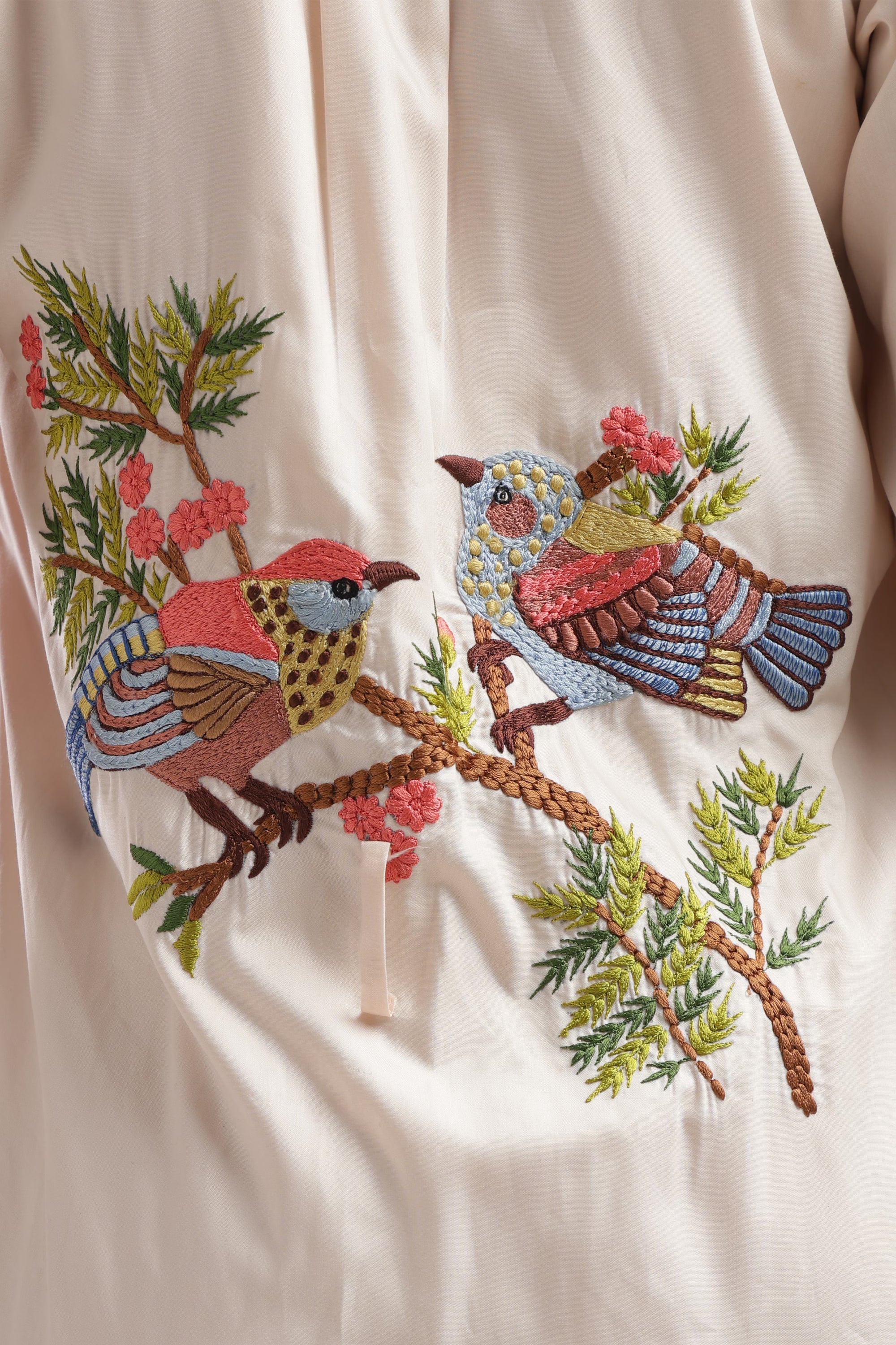 Cream Embroidered Bird Poetry shirt-Dress