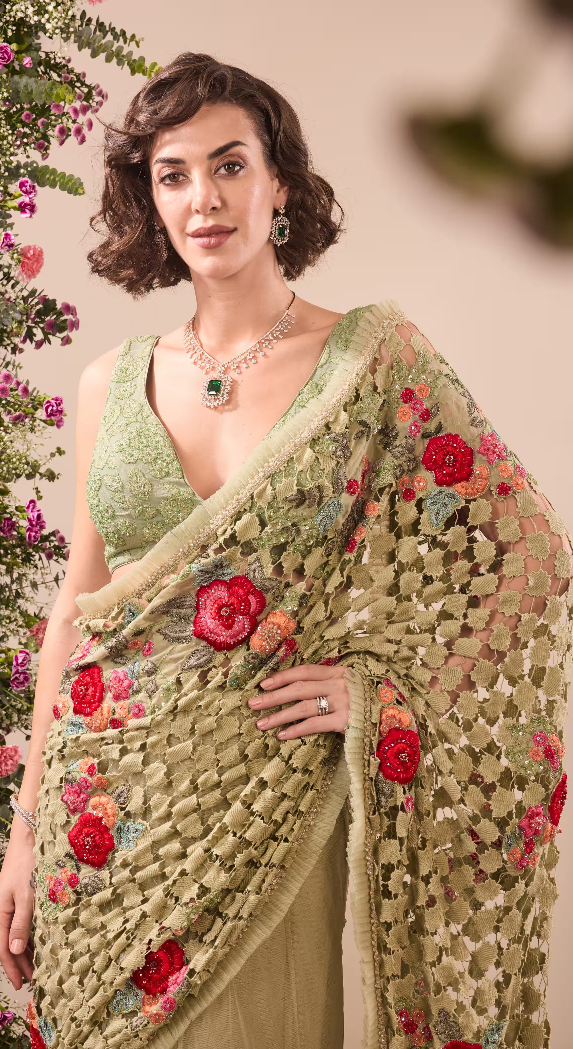 Sage Green Embroidered Net Saree with Rose Motifs