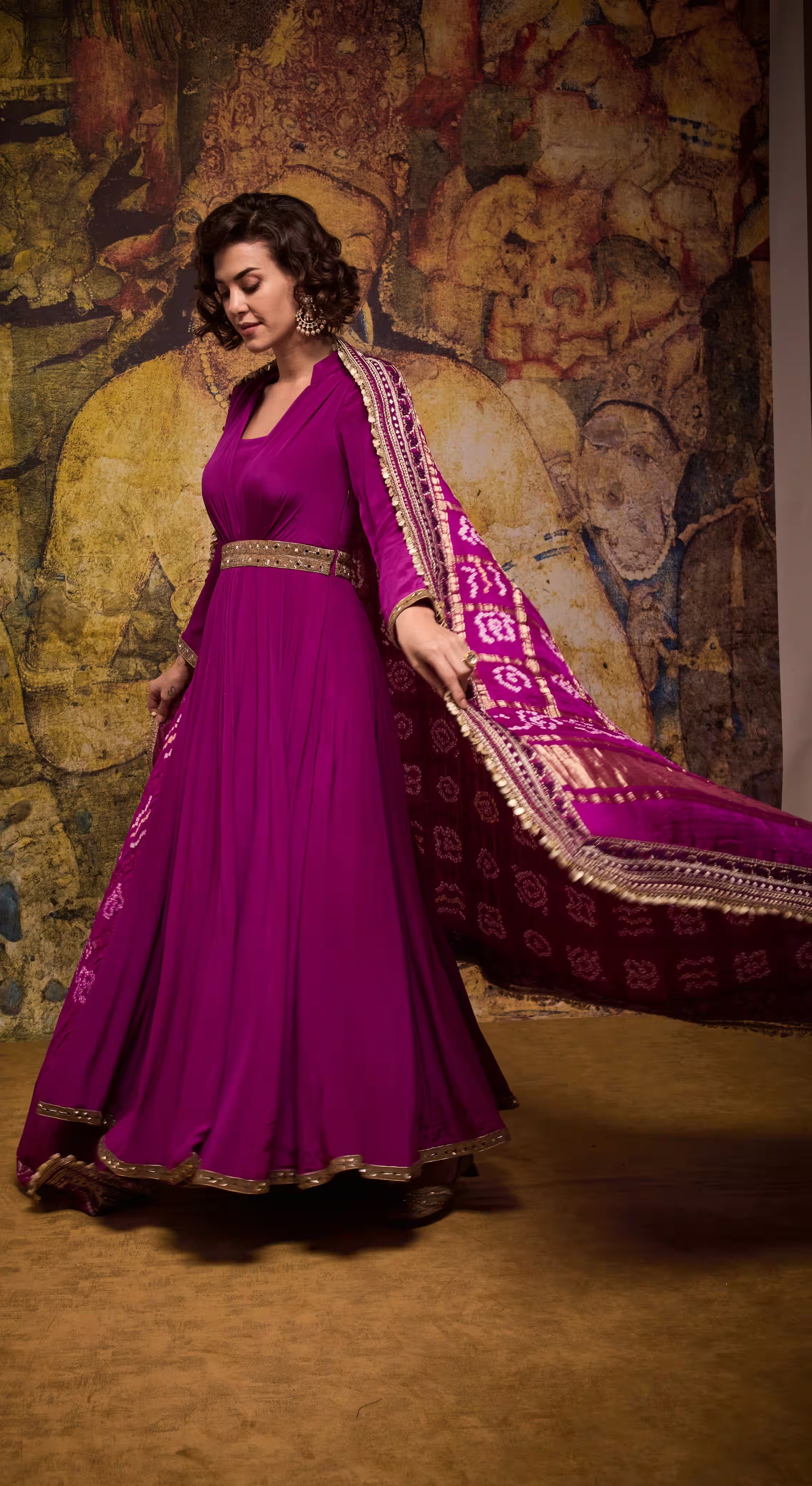 Magenta Bandhej Silk Anarkali Gown