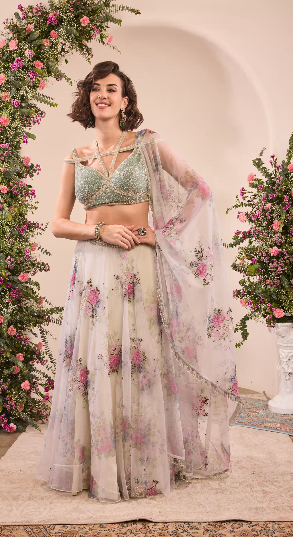 Sage Green Floral Embroidered Lehenga Choli Set