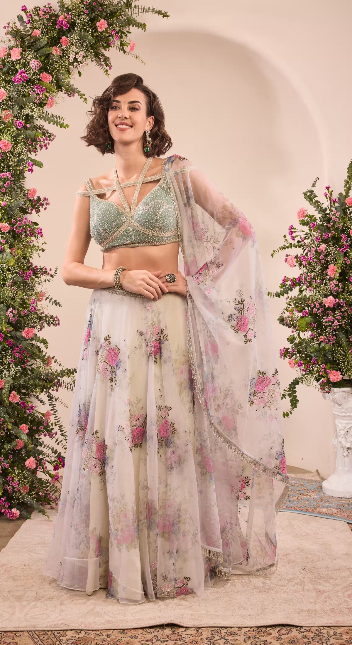 Sage Green Floral Embroidered Lehenga Choli Set