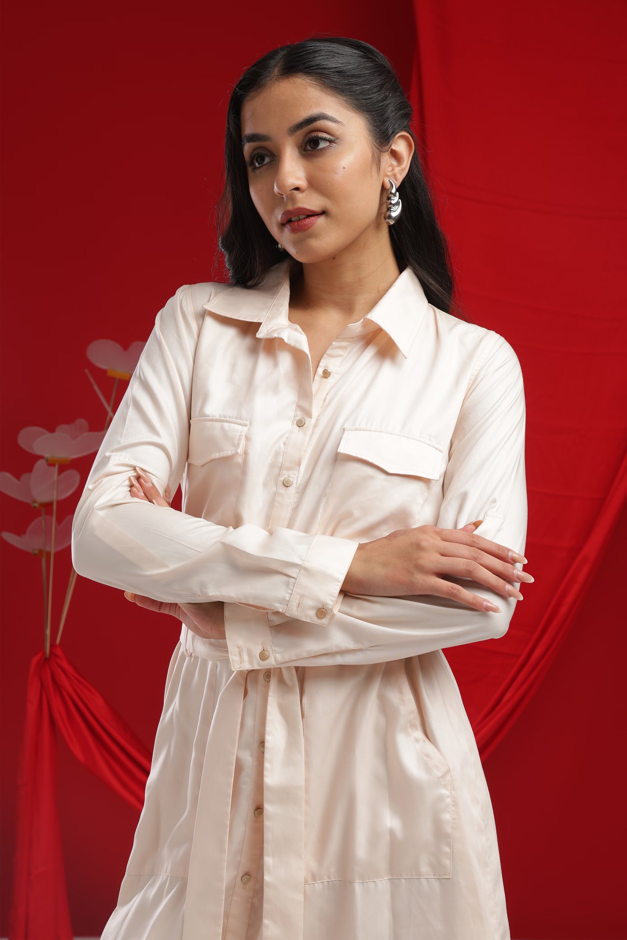 Cream Embroidered Bird Poetry shirt-Dress