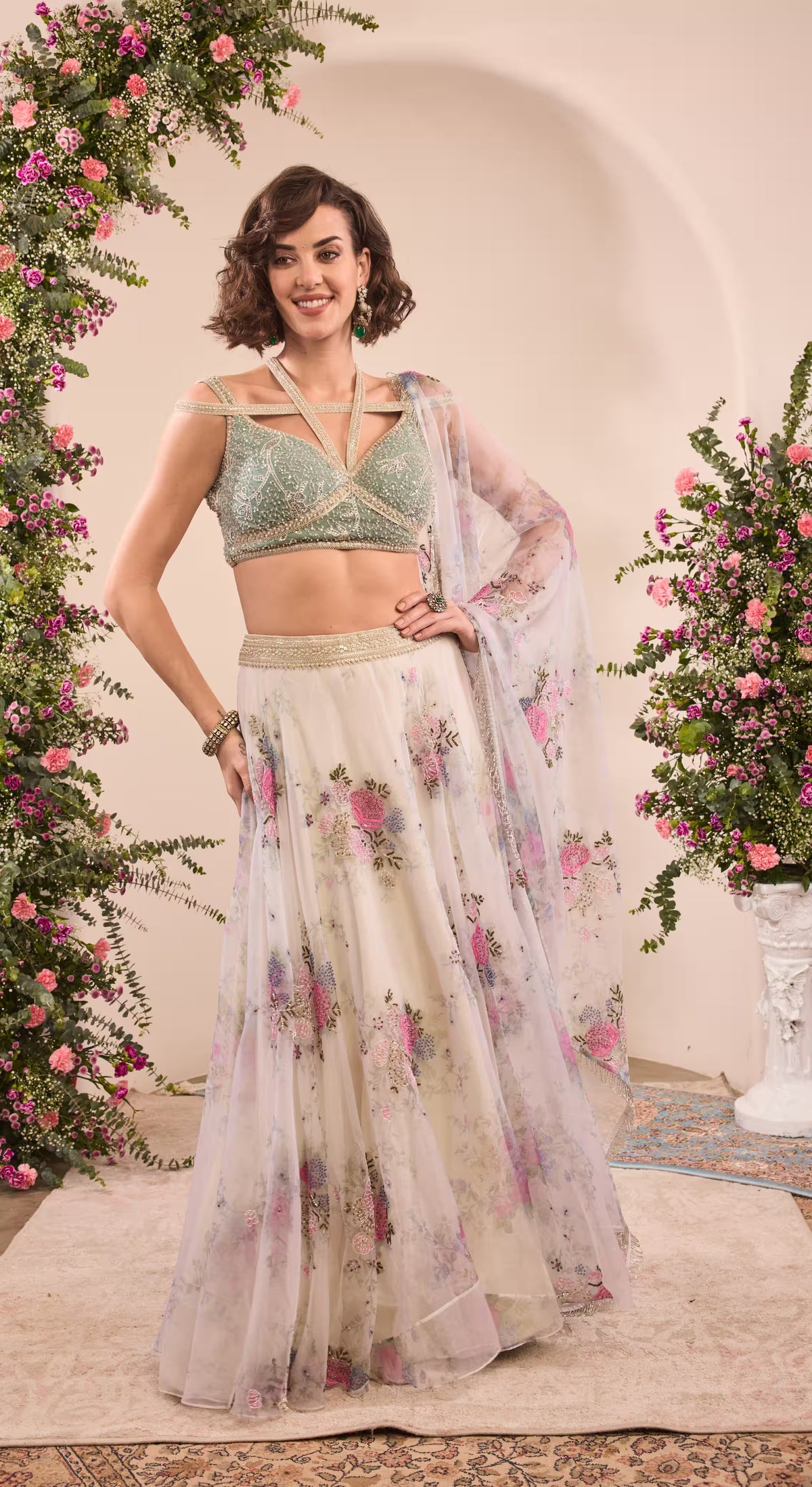 Sage Green Floral Embroidered Lehenga Choli Set