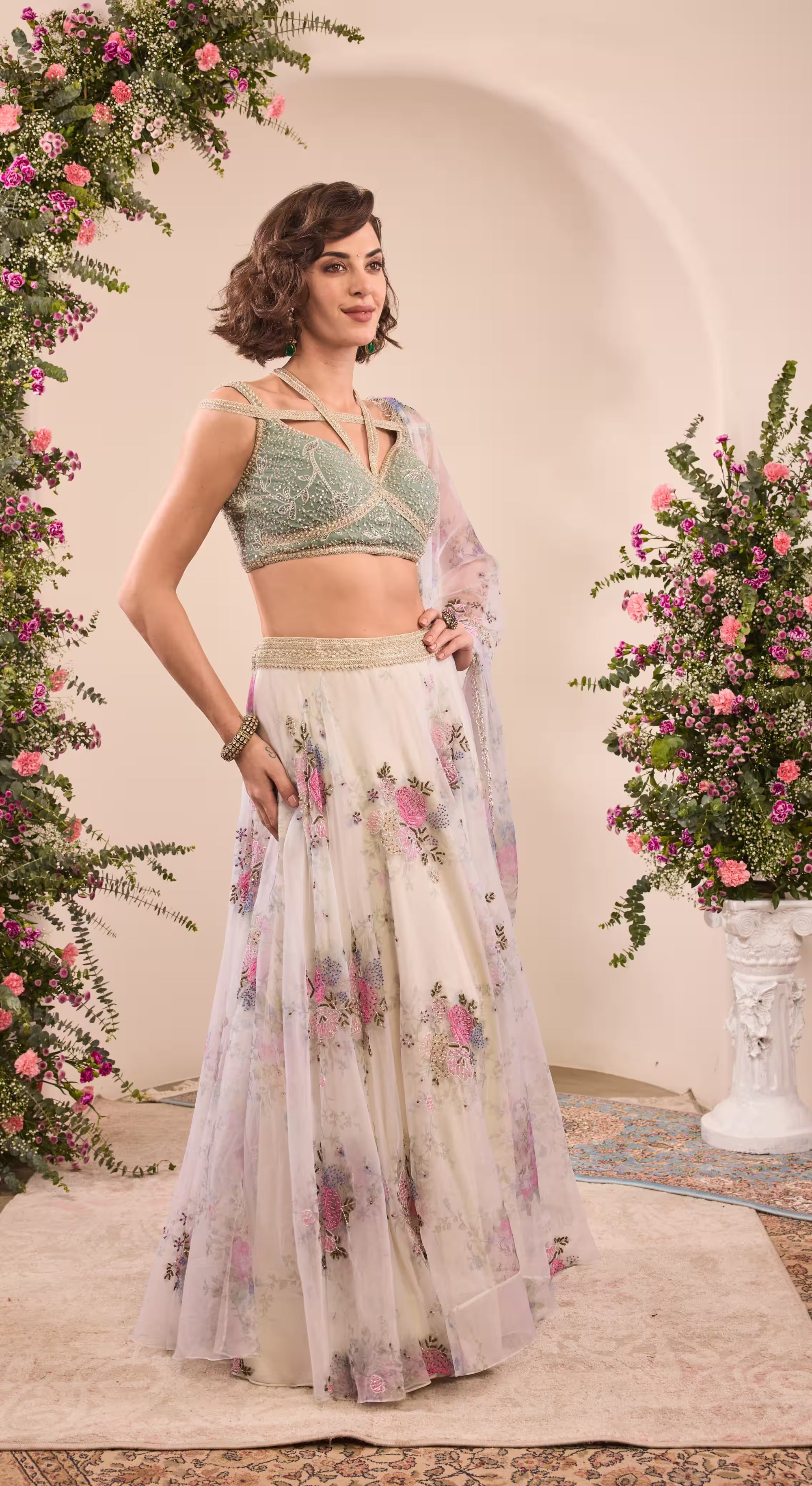 Sage Green Floral Embroidered Lehenga Choli Set