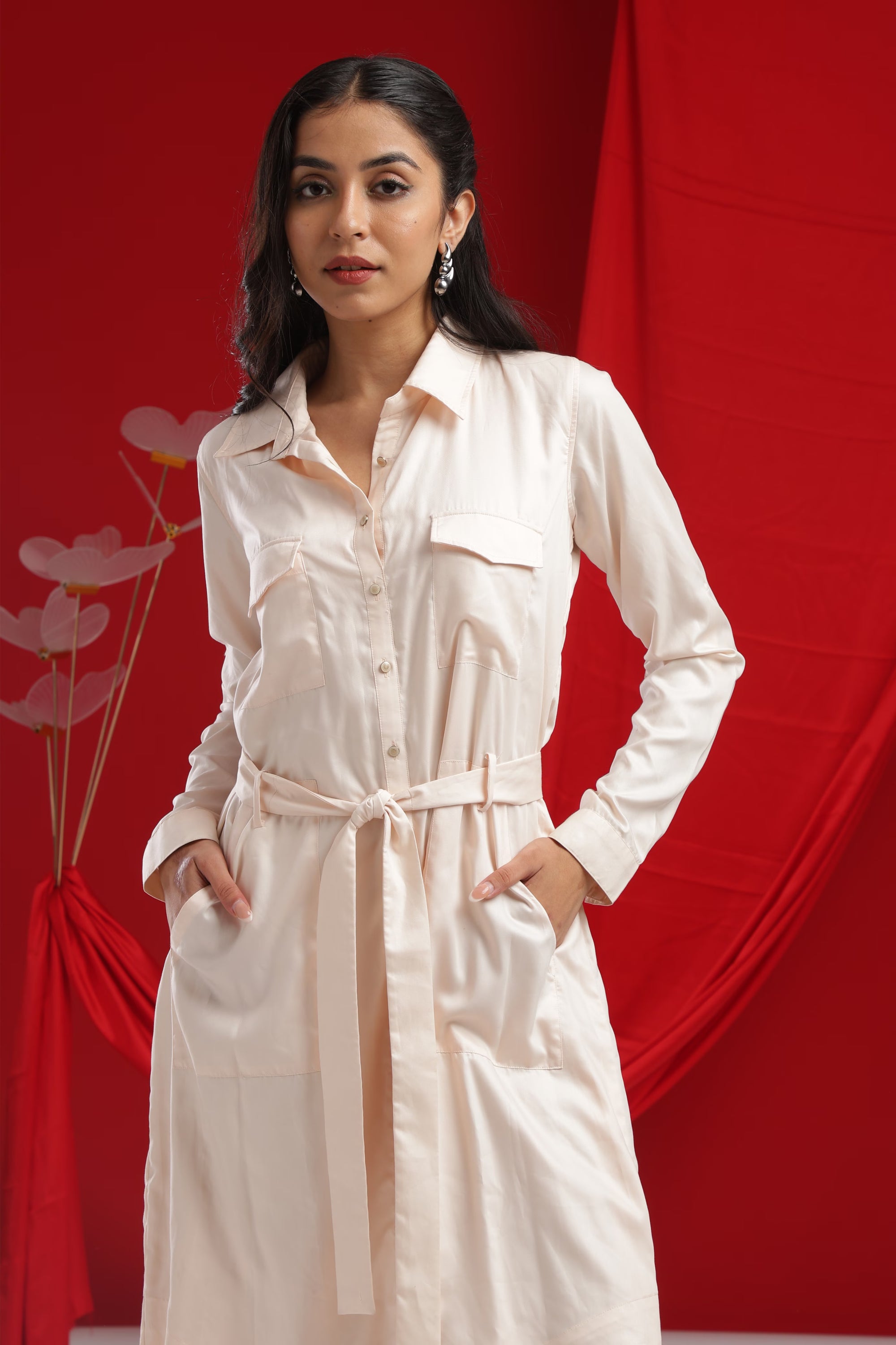Cream Embroidered Bird Poetry shirt-Dress