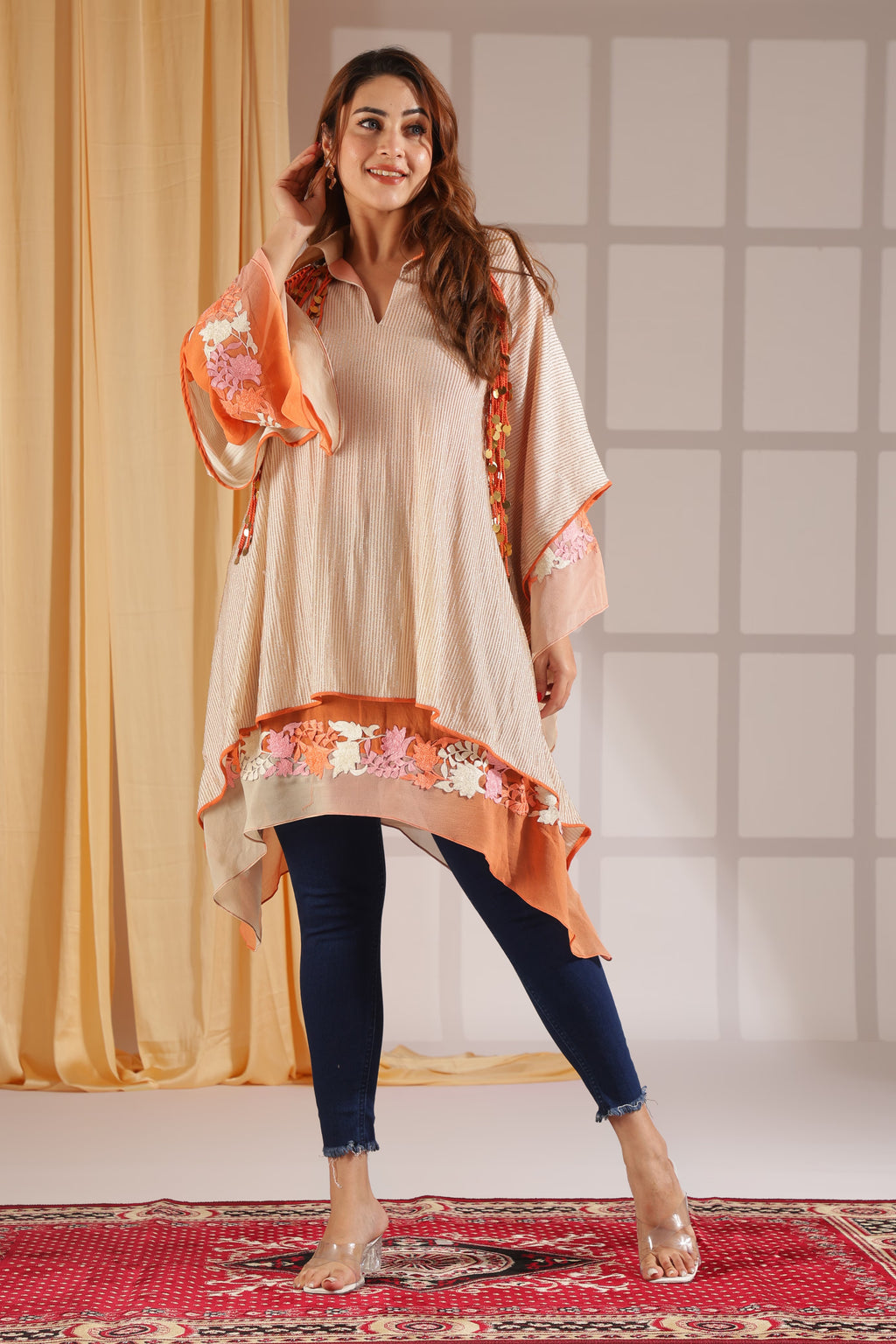Elegant Burnt-Orange Embroidered High-Low Tunic Top