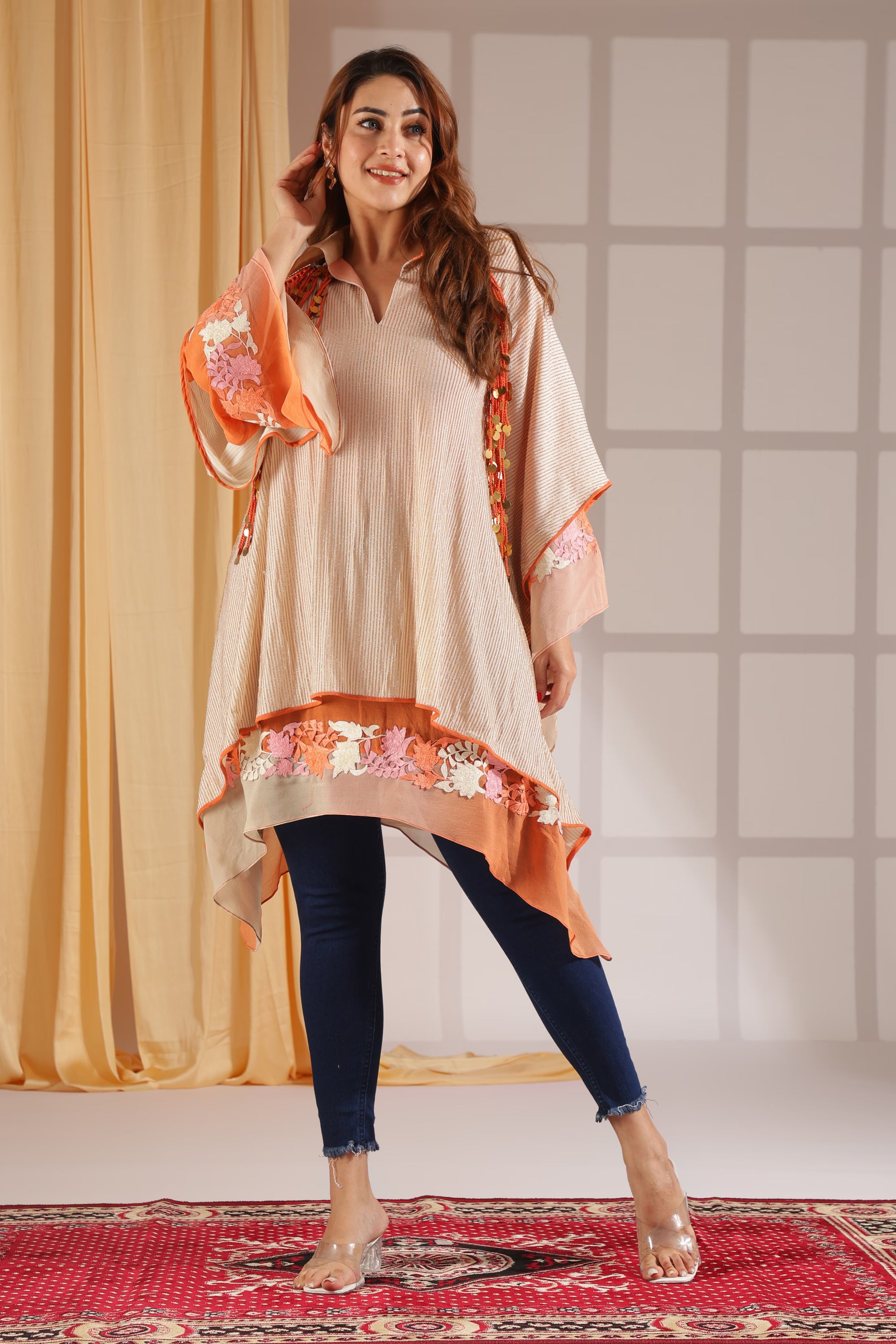 Elegant Burnt-Orange Embroidered High-Low Tunic Top