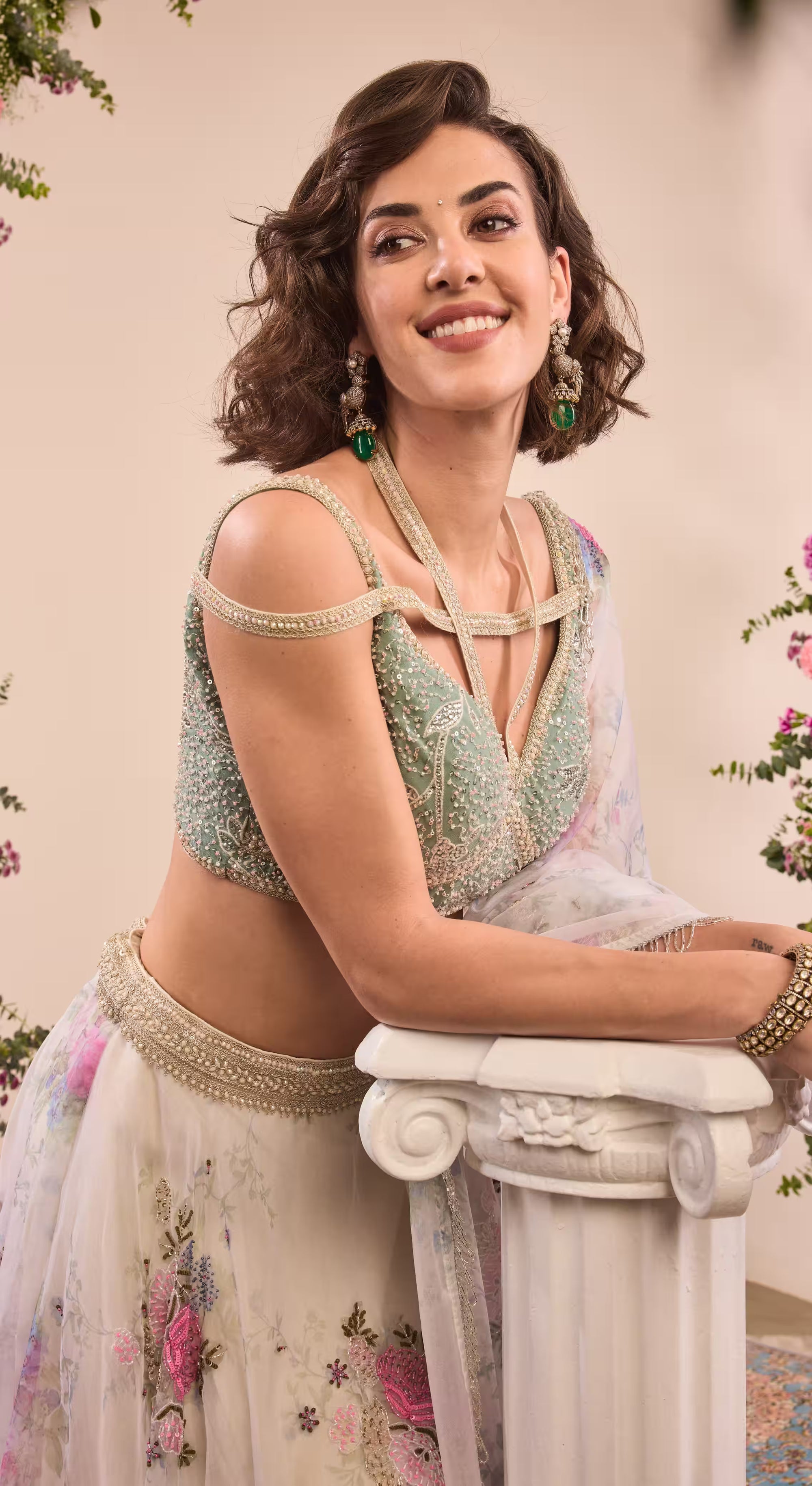 Sage Green Floral Embroidered Lehenga Choli Set