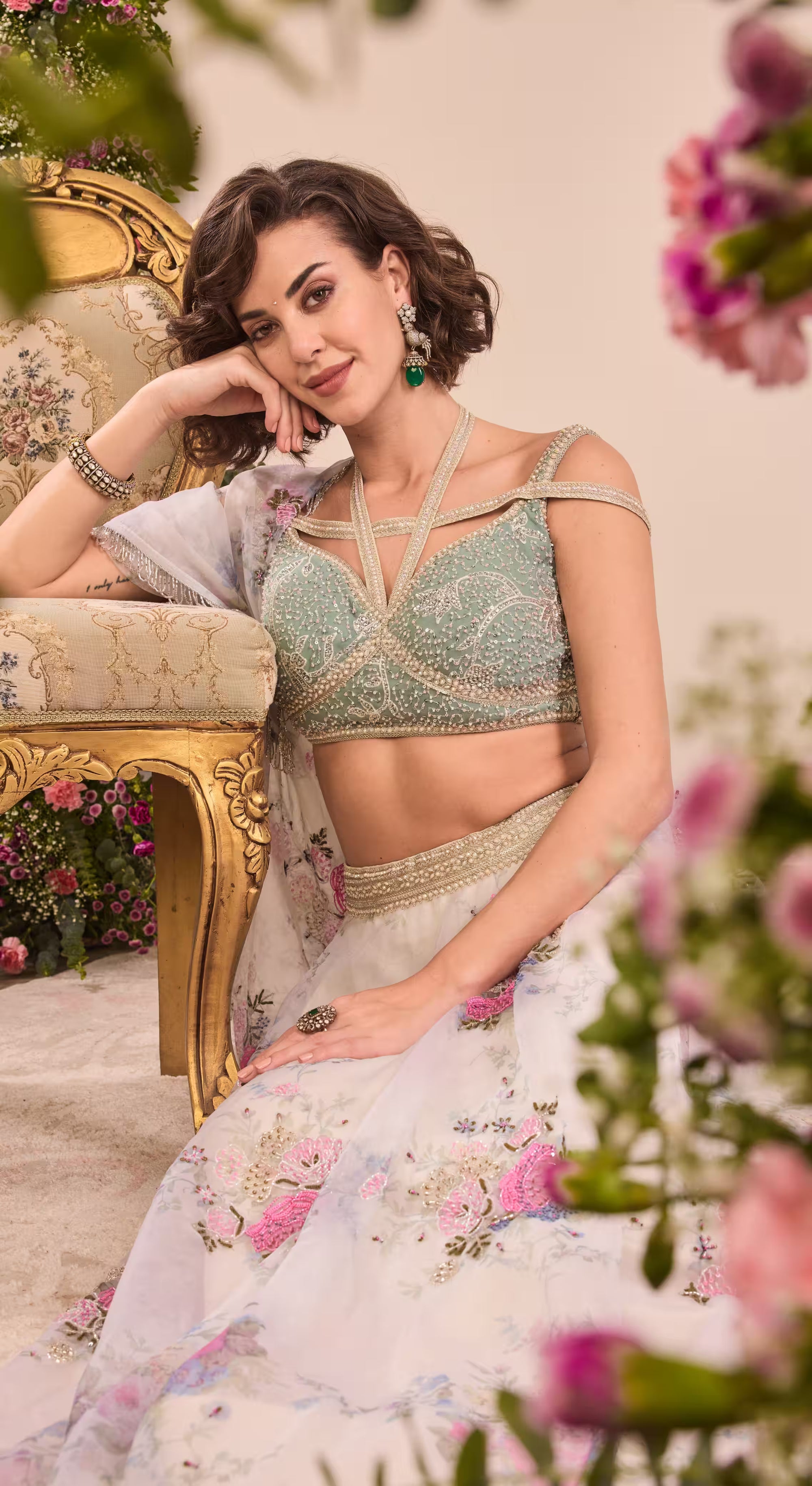 Sage Green Floral Embroidered Lehenga Choli Set