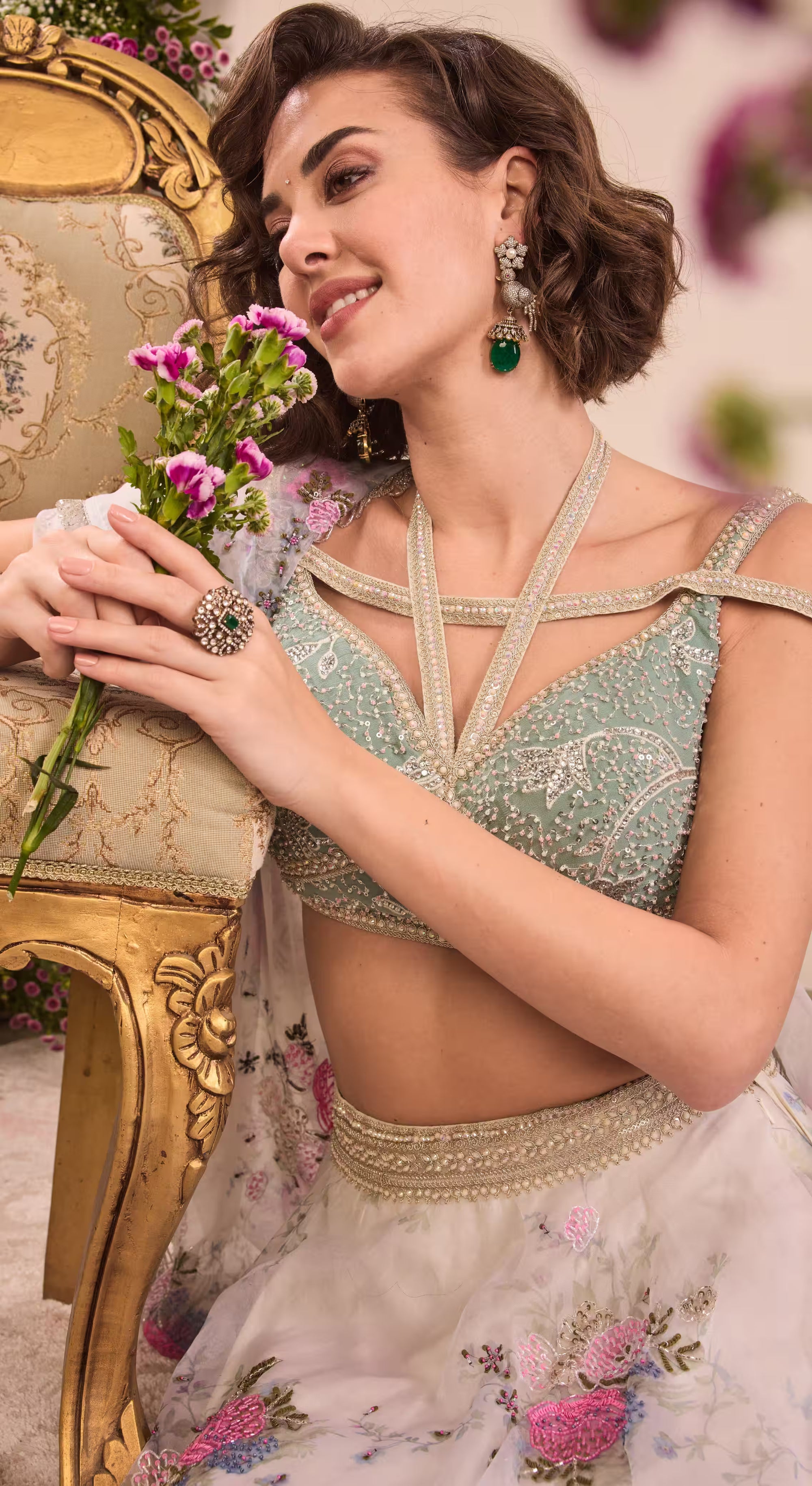 Sage Green Floral Embroidered Lehenga Choli Set