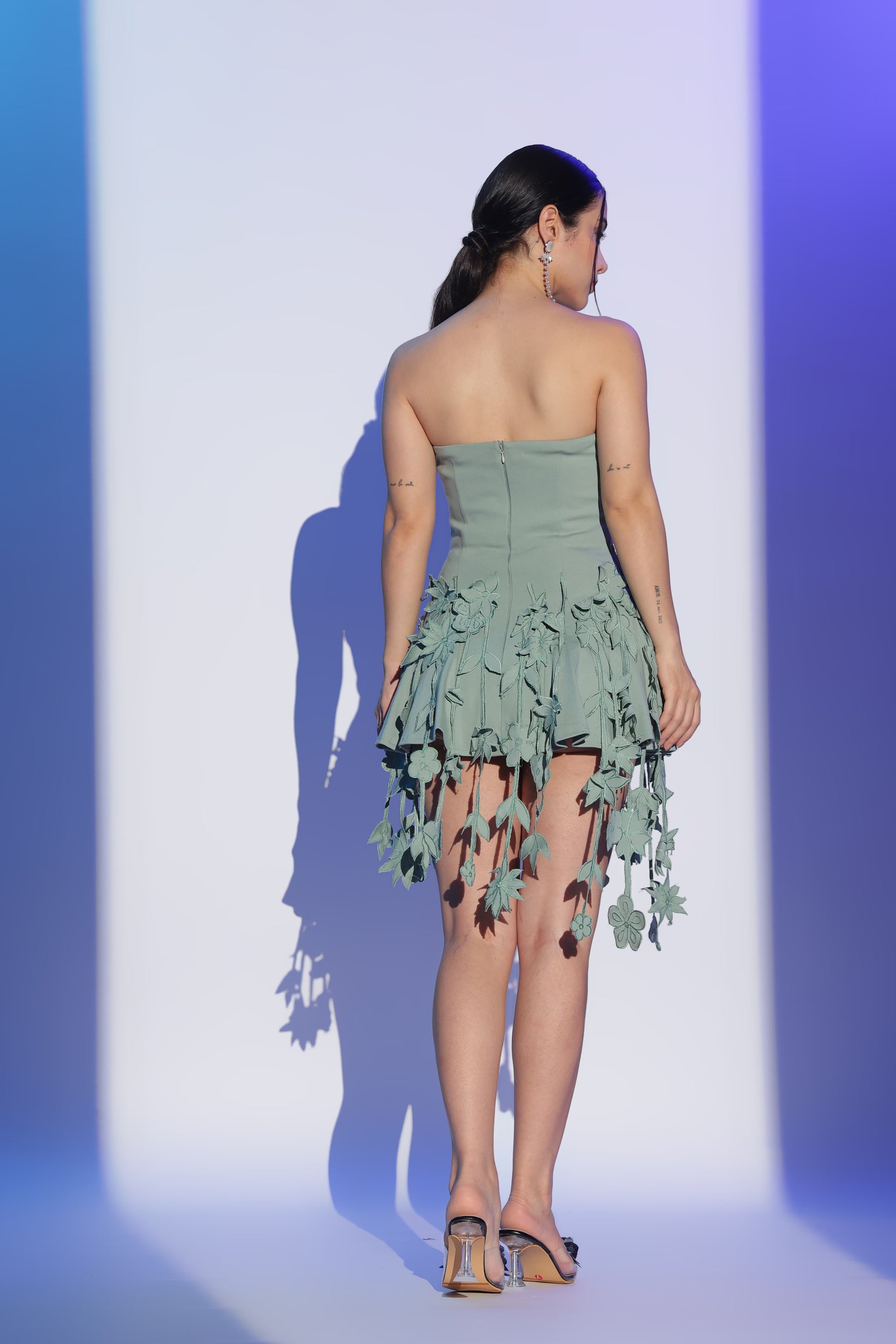 Sage Strapless Dress with 3D Floral Cut-outs