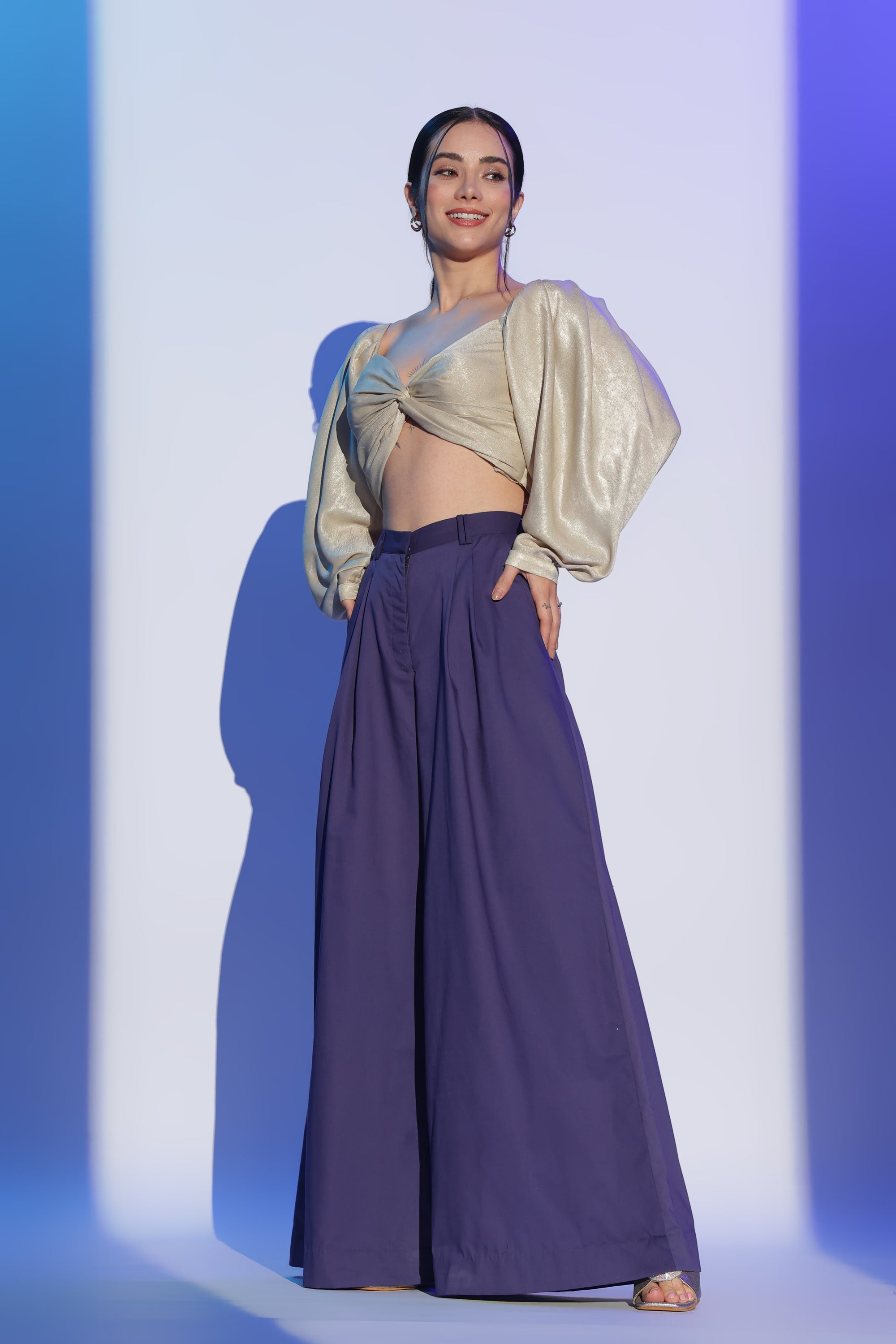 Gold Twist Cropped top and Purple Wide Legged Trousers