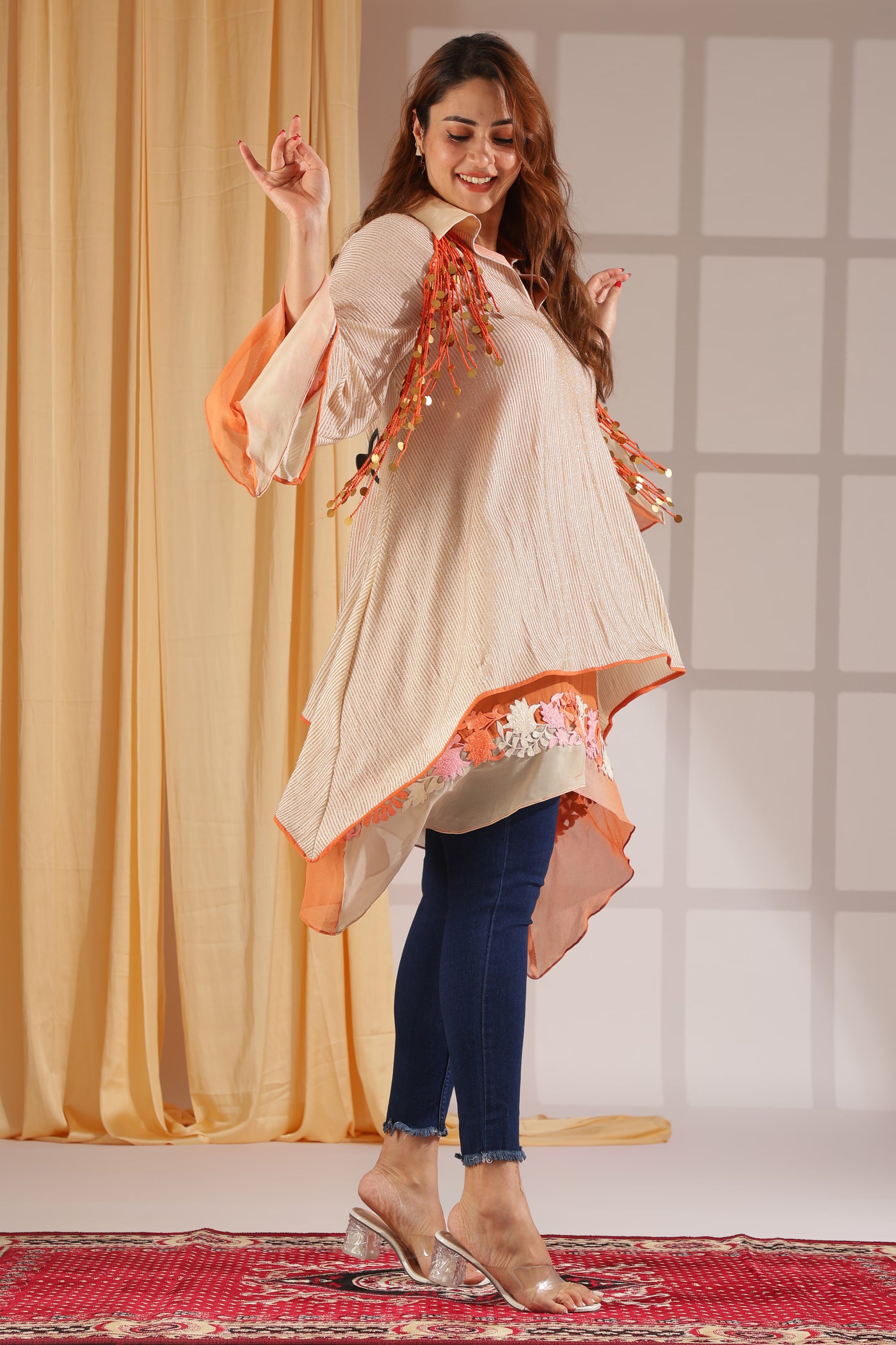 Elegant Burnt-Orange Embroidered High-Low Tunic Top