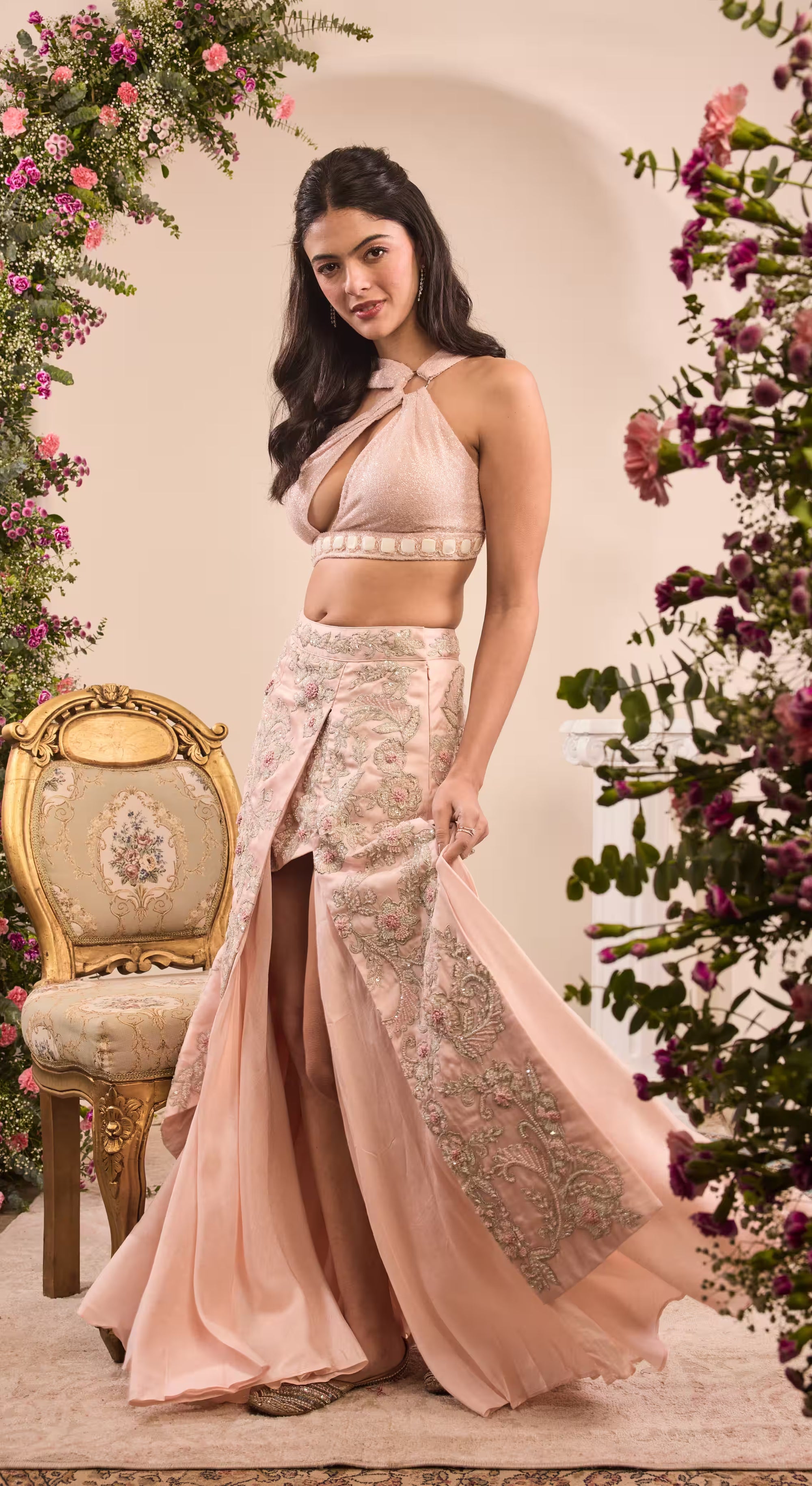 Pink Embroidered Crop Top Lehenga Set