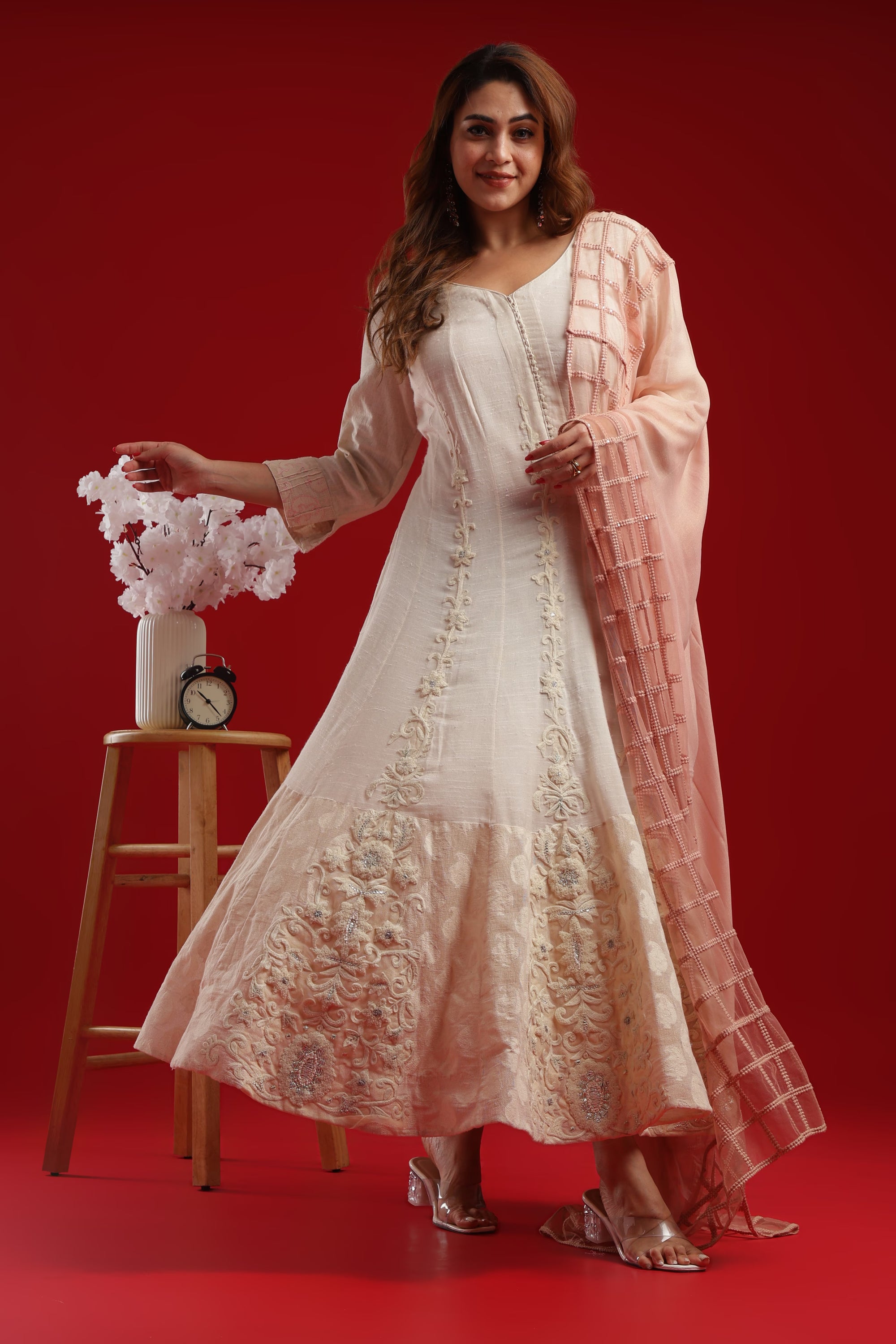 Elegant Embroidered Anarkali Gown with Sheer Grid Dupatta
