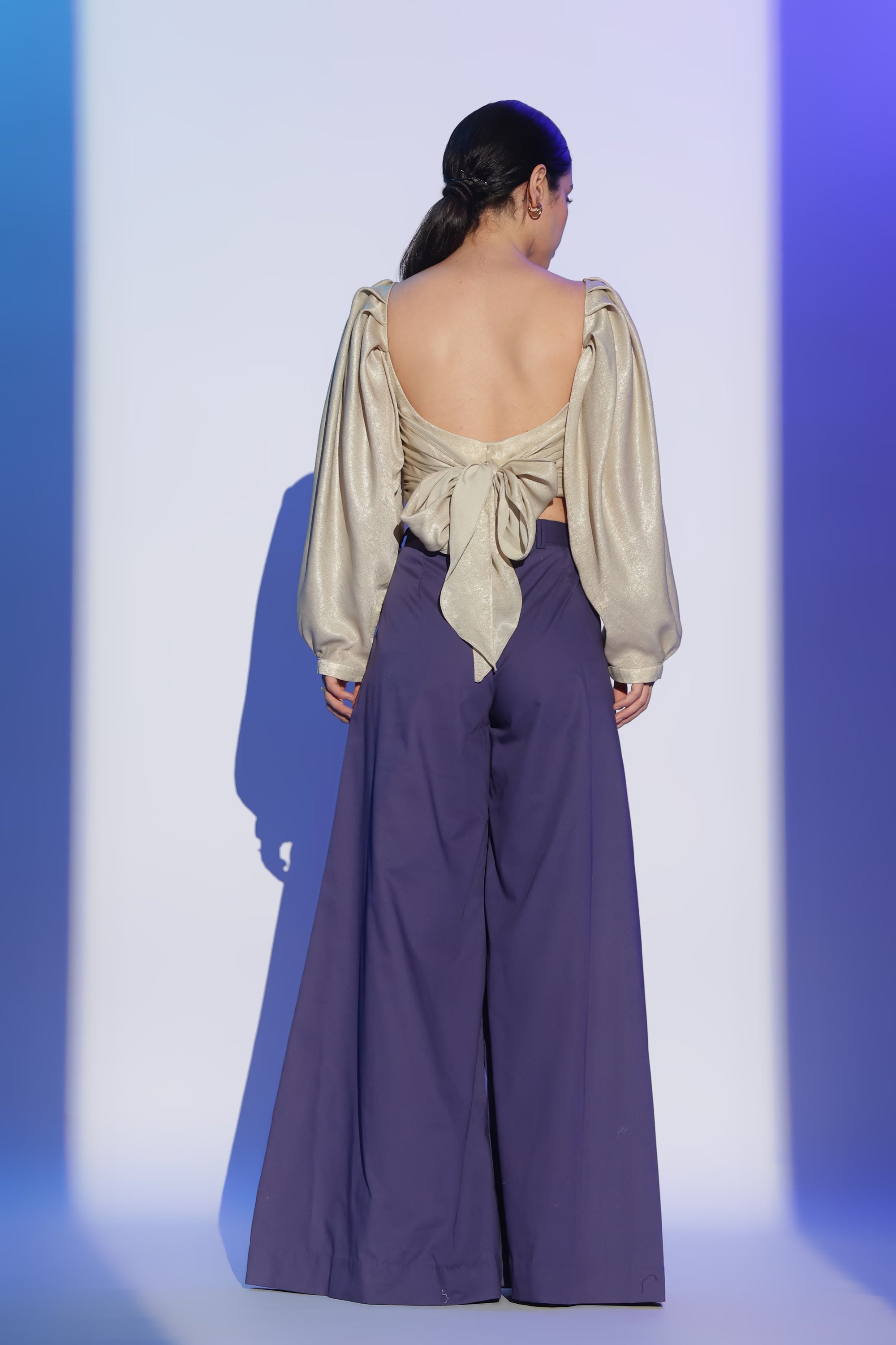 Gold Twist Cropped top and Purple Wide Legged Trousers