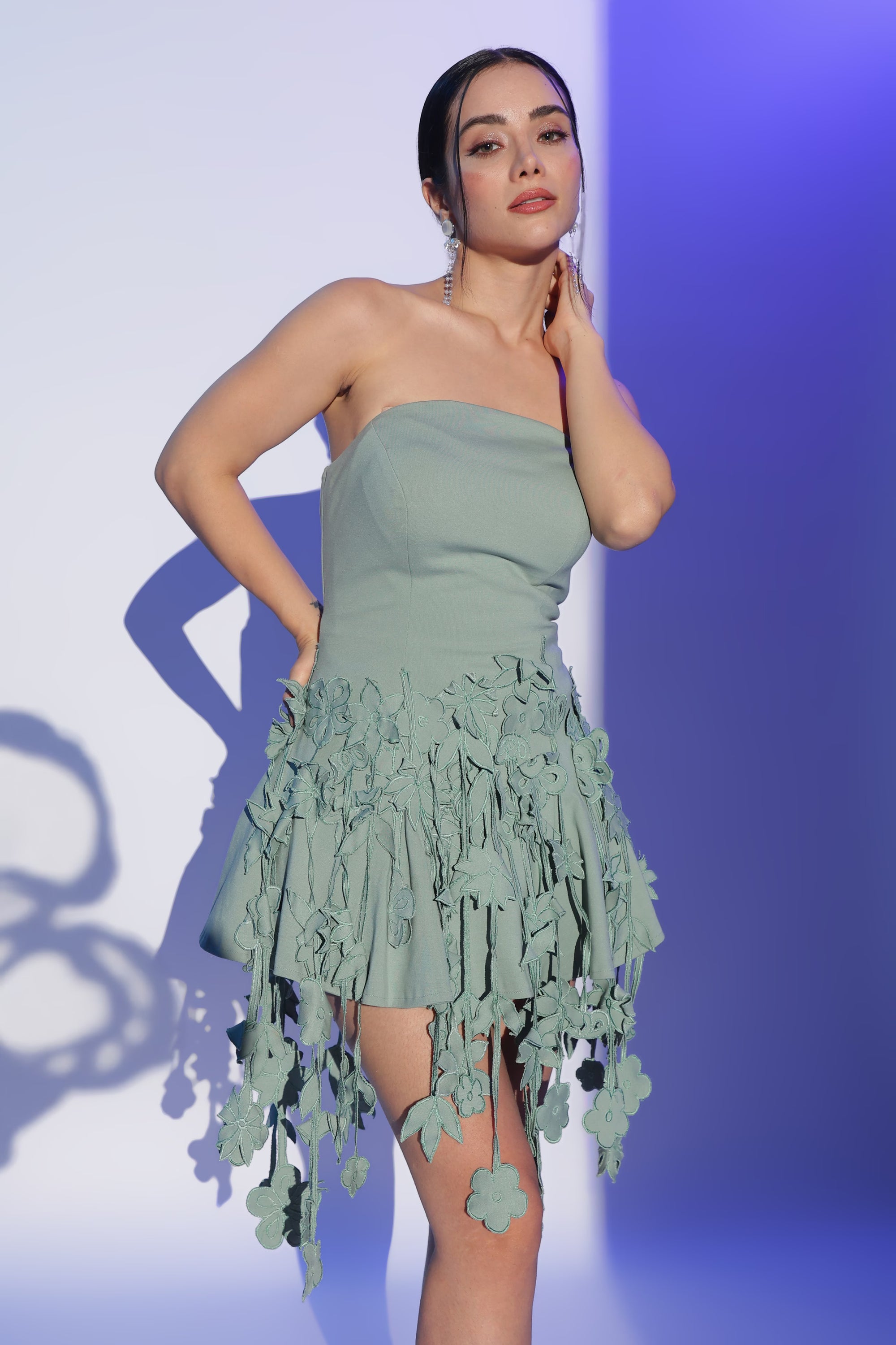 Sage Strapless Dress with 3D Floral Cut-outs