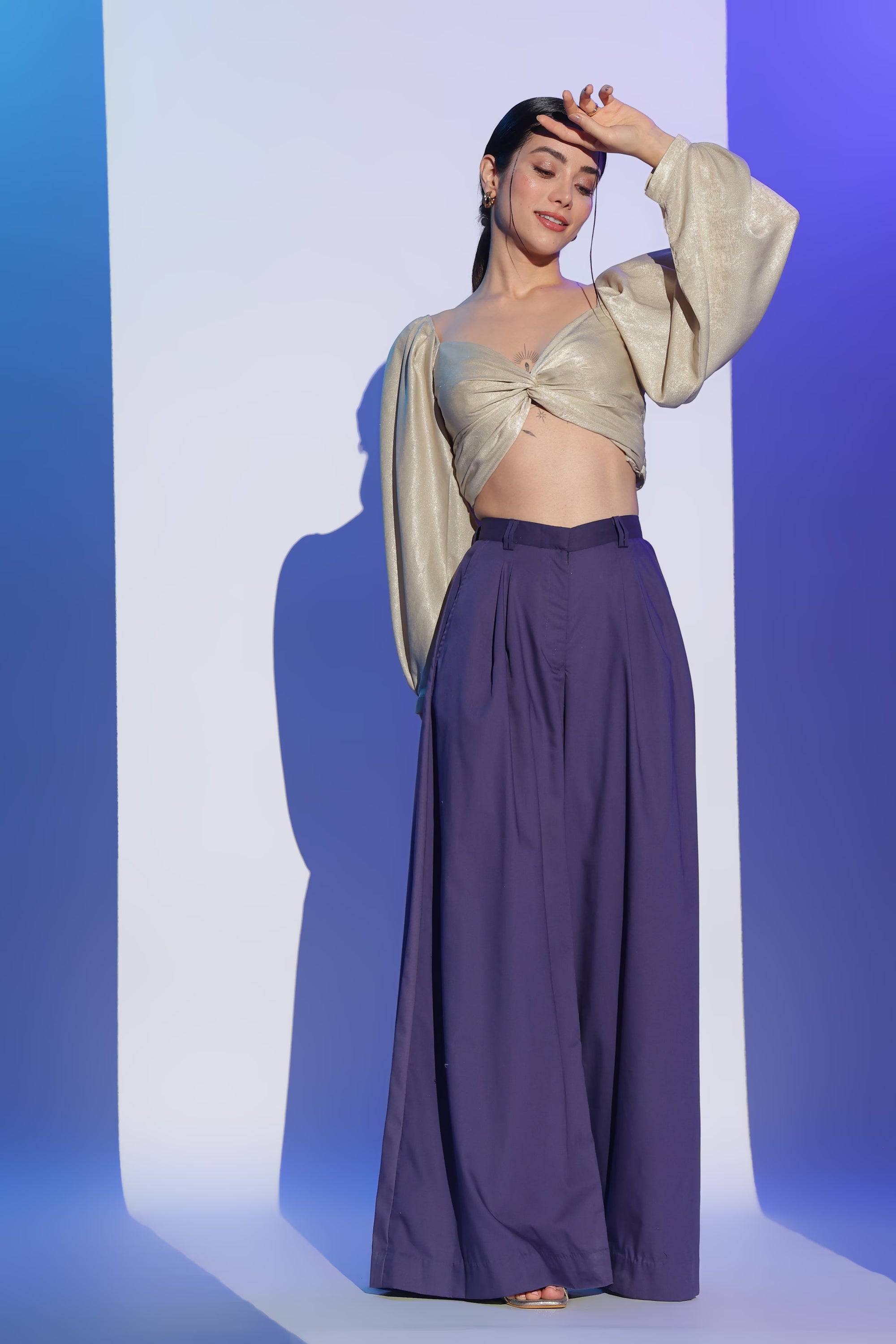 Gold Twist Cropped top and Purple Wide Legged Trousers