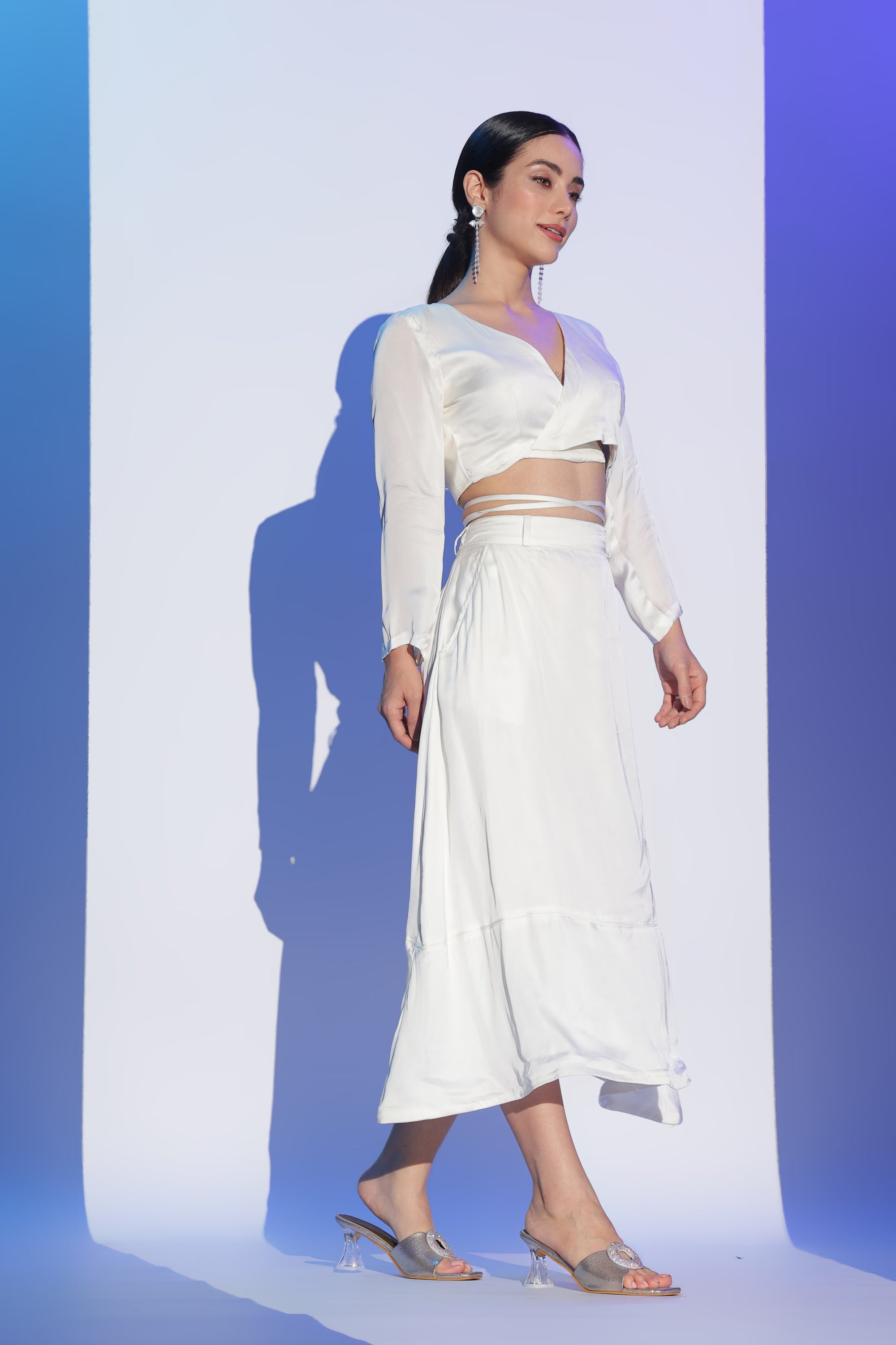 Satin White Co-ord Set with Wrap-around top and Skirt