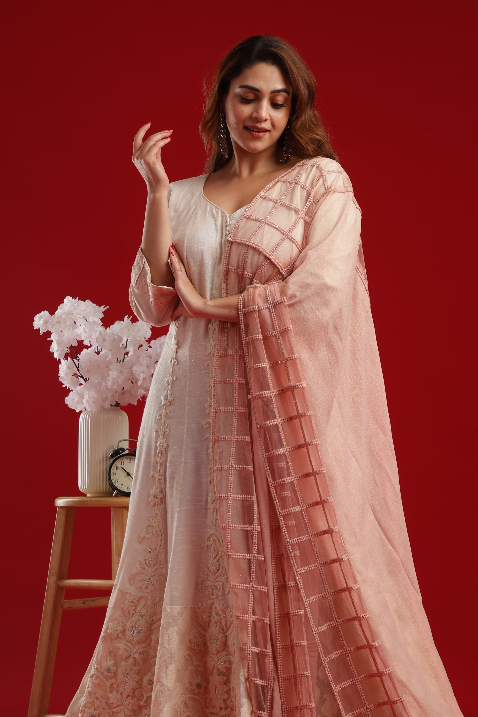 Elegant Embroidered Anarkali Gown with Sheer Grid Dupatta