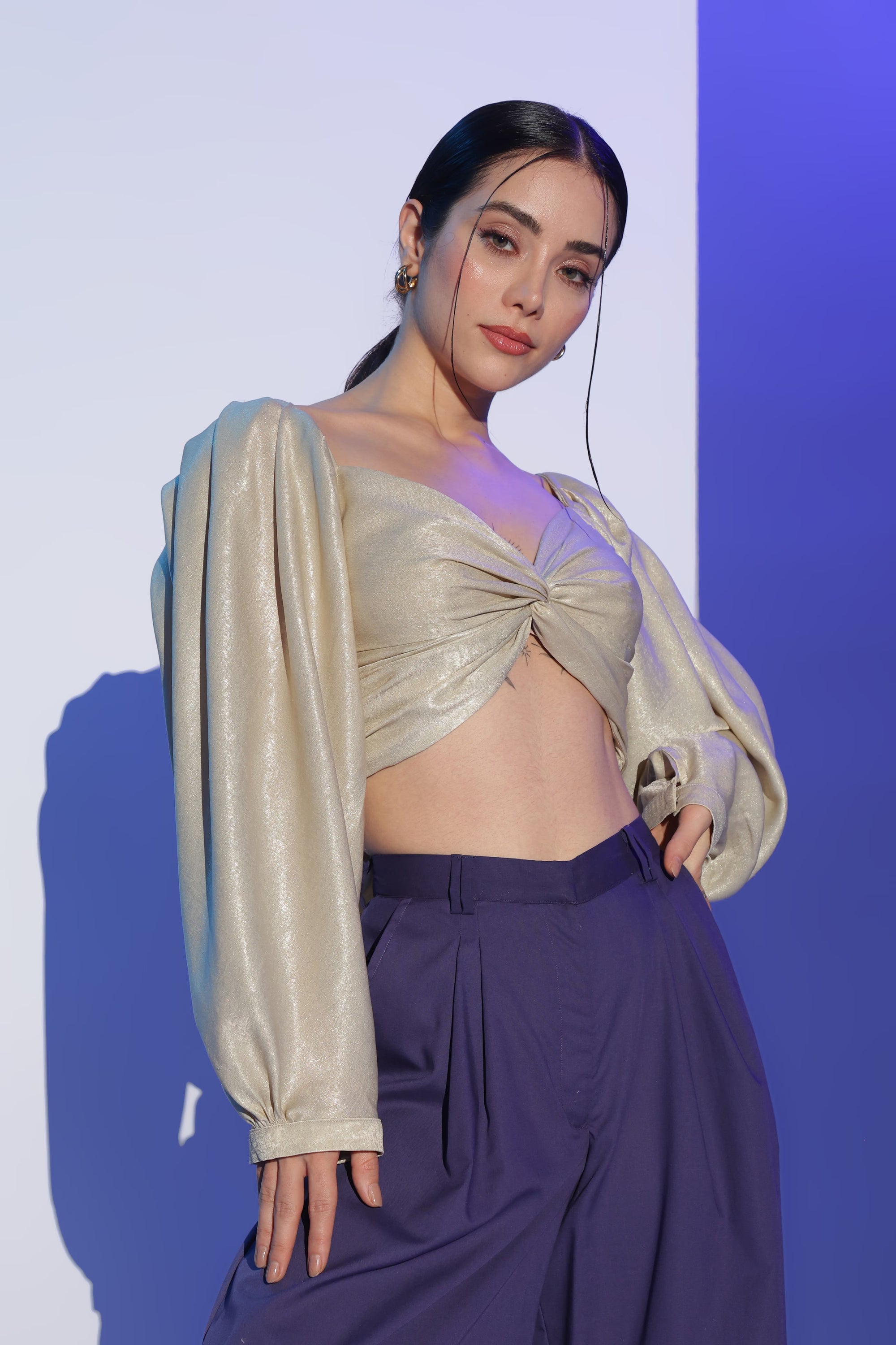 Gold Twist Cropped top and Purple Wide Legged Trousers