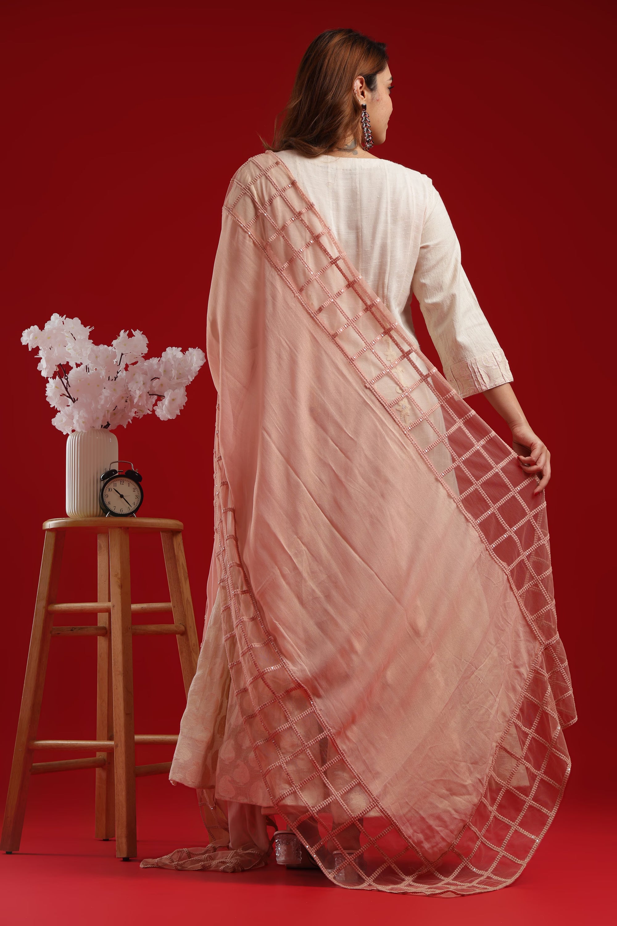 Elegant Embroidered Anarkali Gown with Sheer Grid Dupatta