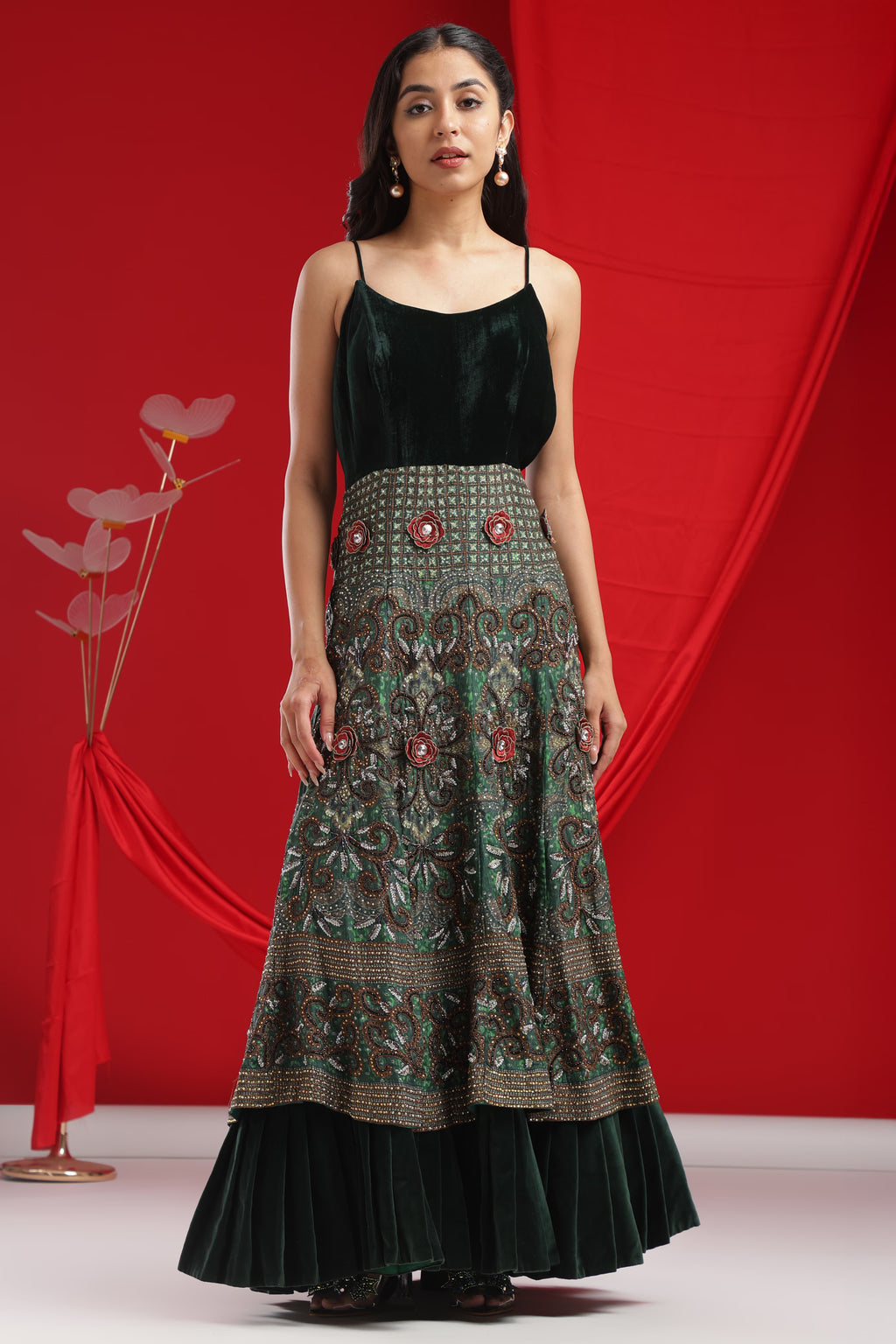 Forest Green Velvet Embroidered Gown