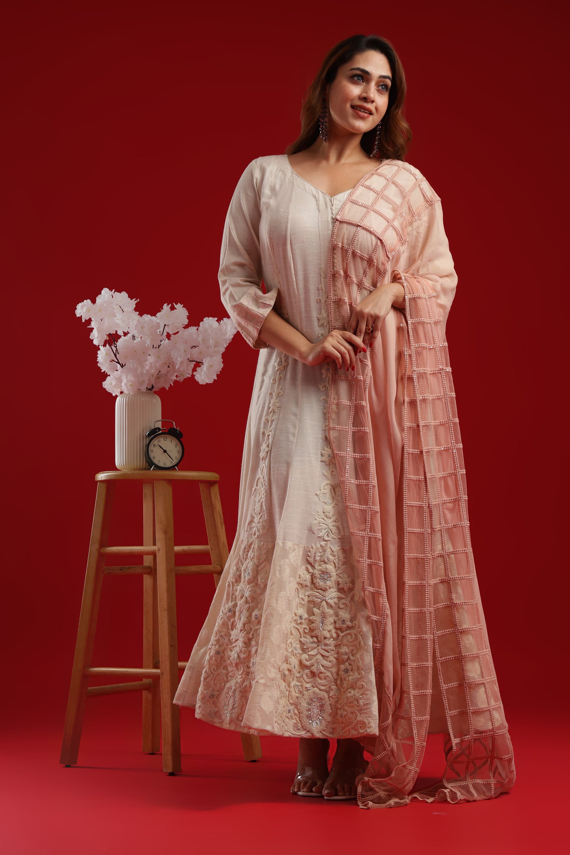Elegant Embroidered Anarkali Gown with Sheer Grid Dupatta