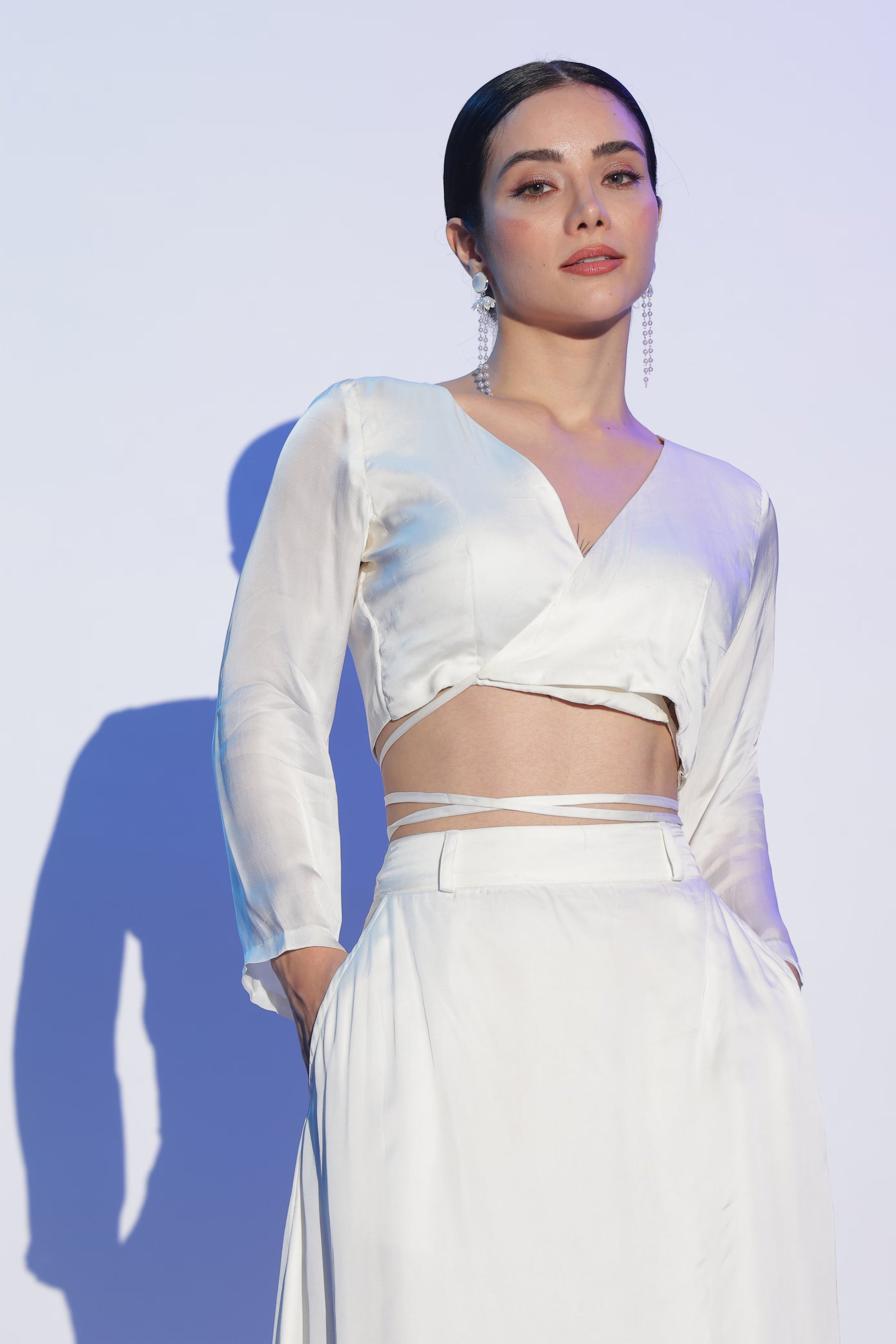 Satin White Co-ord Set with Wrap-around top and Skirt