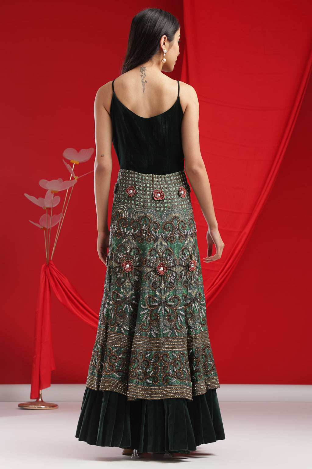 Forest Green Velvet Embroidered Gown