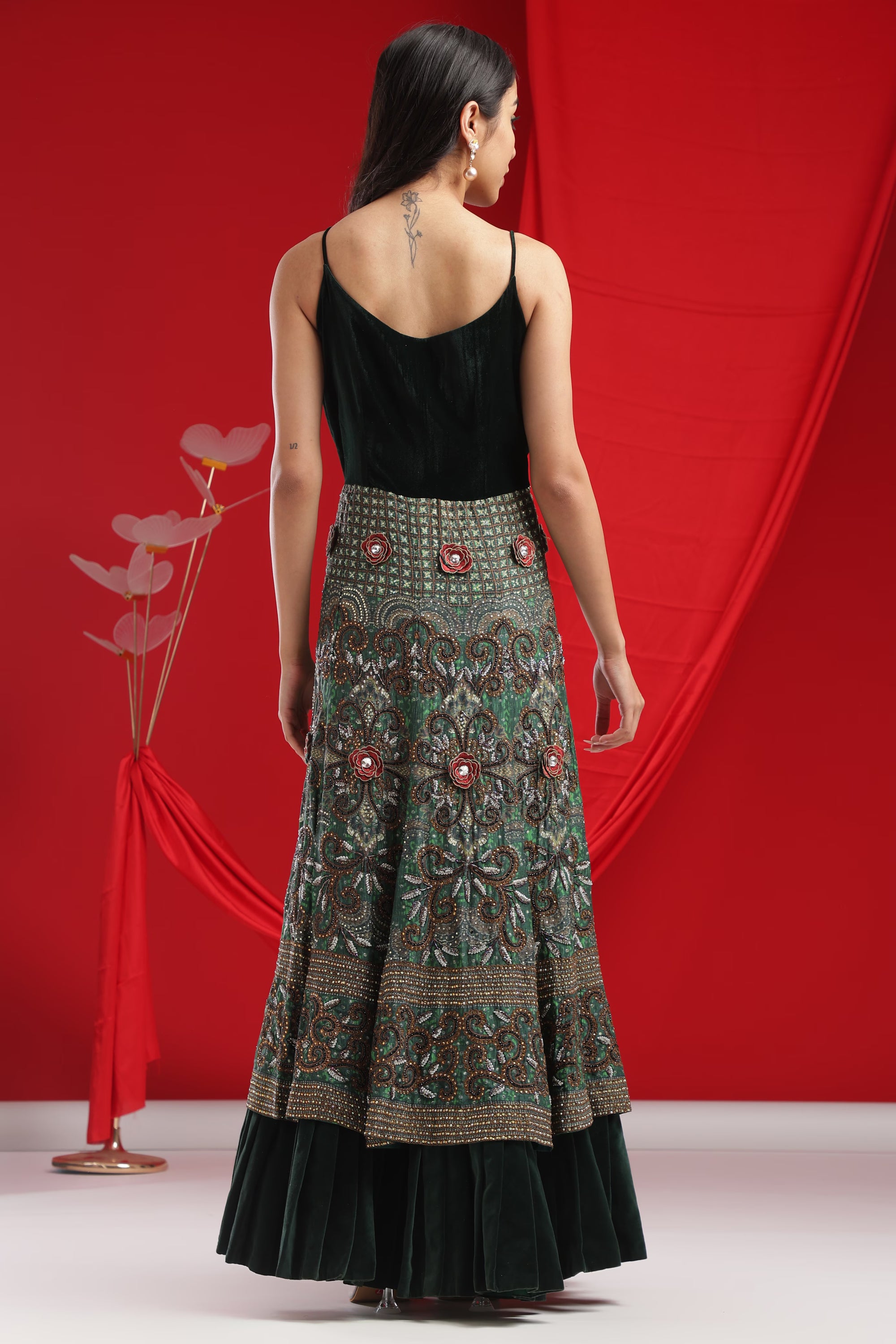 Forest Green Velvet Embroidered Gown