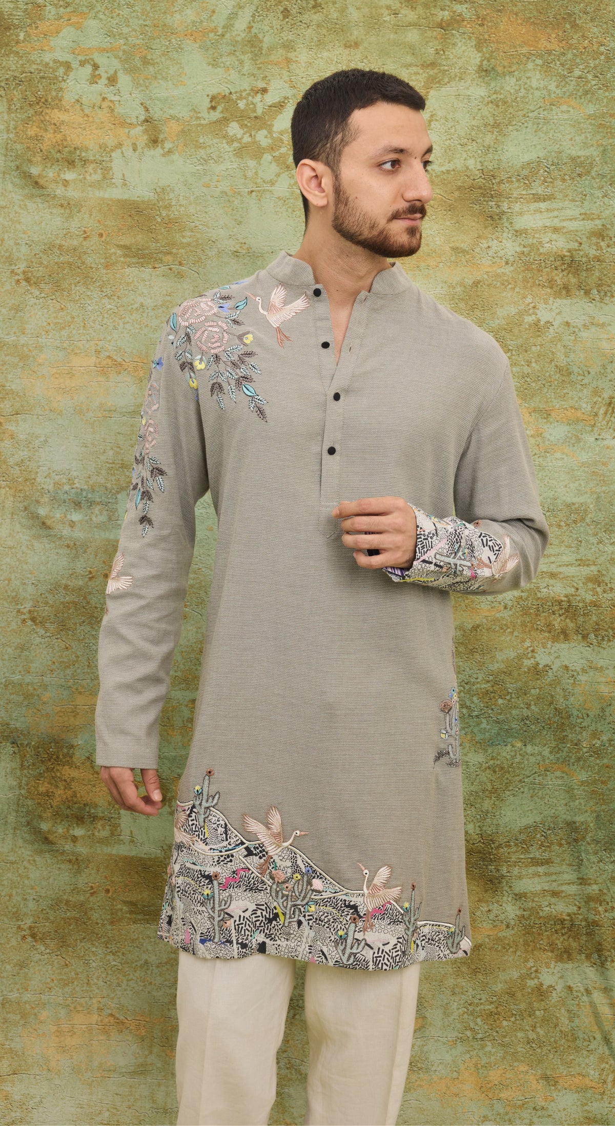Men’s Grey Embroidered Kurta Set